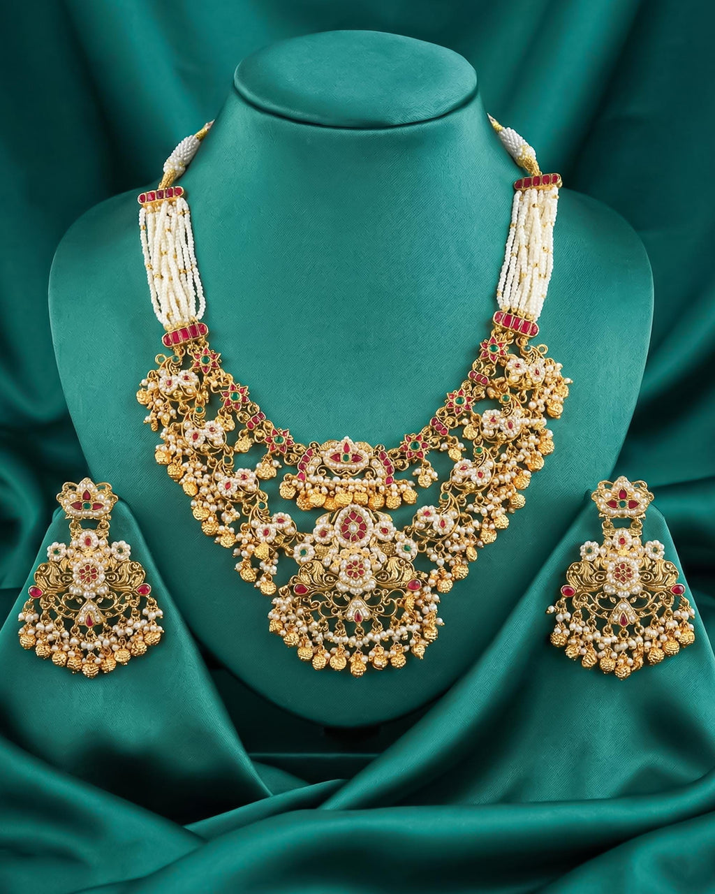 bridal jewelry set Antique Gold Pachi Kundan Bib Necklace Set  Royal Bridal Collar, Statement Wedding Jewelry