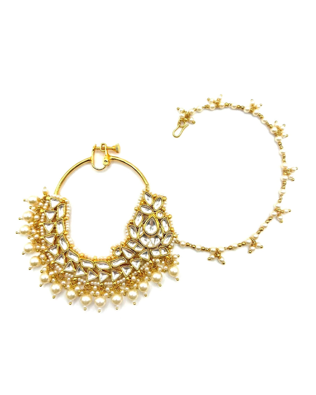 Heavy Bridal Kundan Nath with Pearl Clusters | Traditional Indian Wedding Nose Ring Sahara Chain