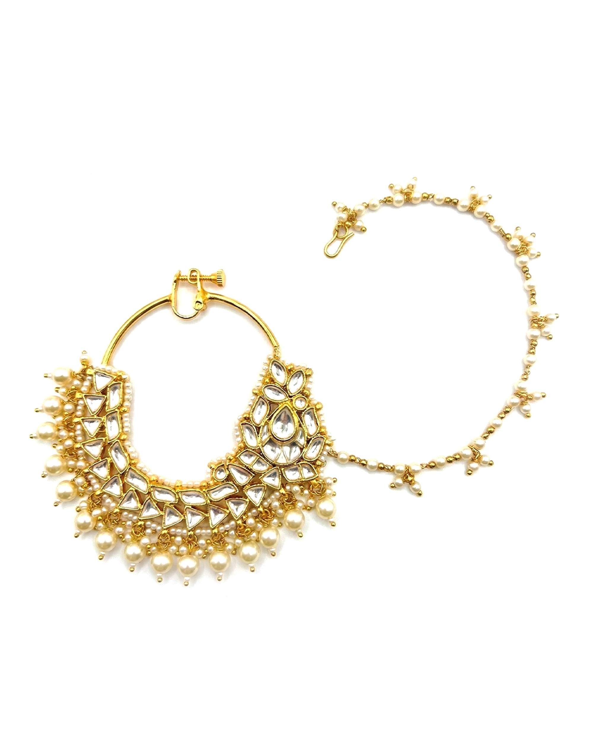 Heavy Bridal Kundan Nath with Pearl Clusters | Traditional Indian Wedding Nose Ring Sahara Chain