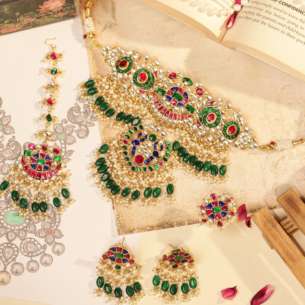 Kundan Meenakari Jewelry Set | Gold Plated Choker, Jhumka Earrings, Tikka, Ring