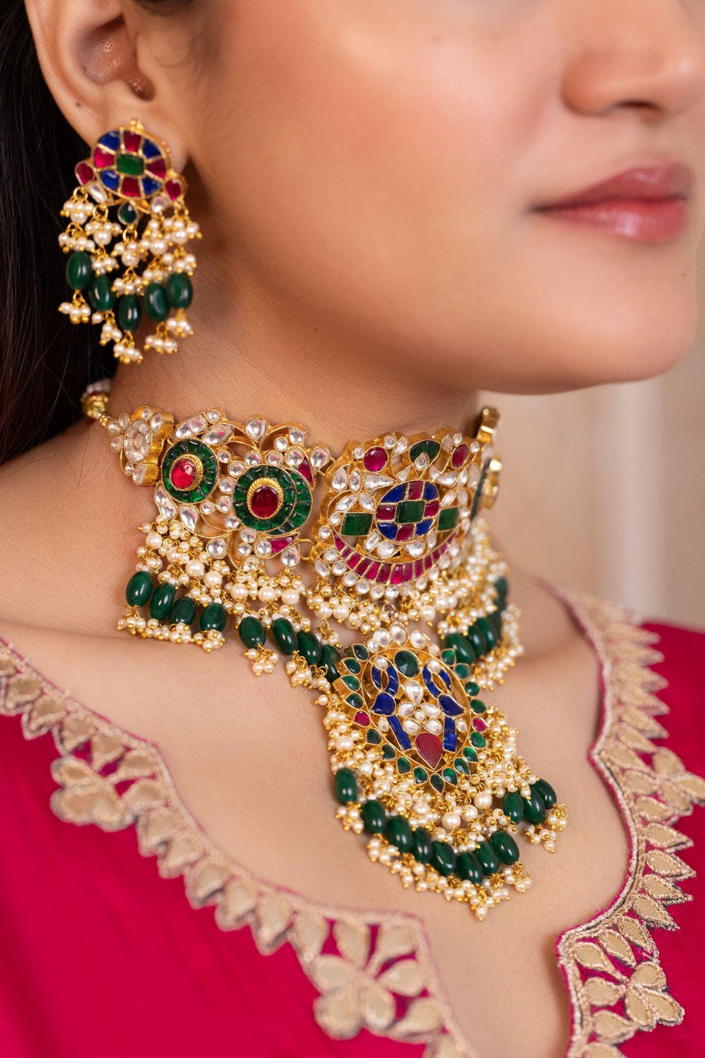 Kundan Meenakari Jewelry Set | Gold Plated Choker, Jhumka Earrings, Tikka, Ring