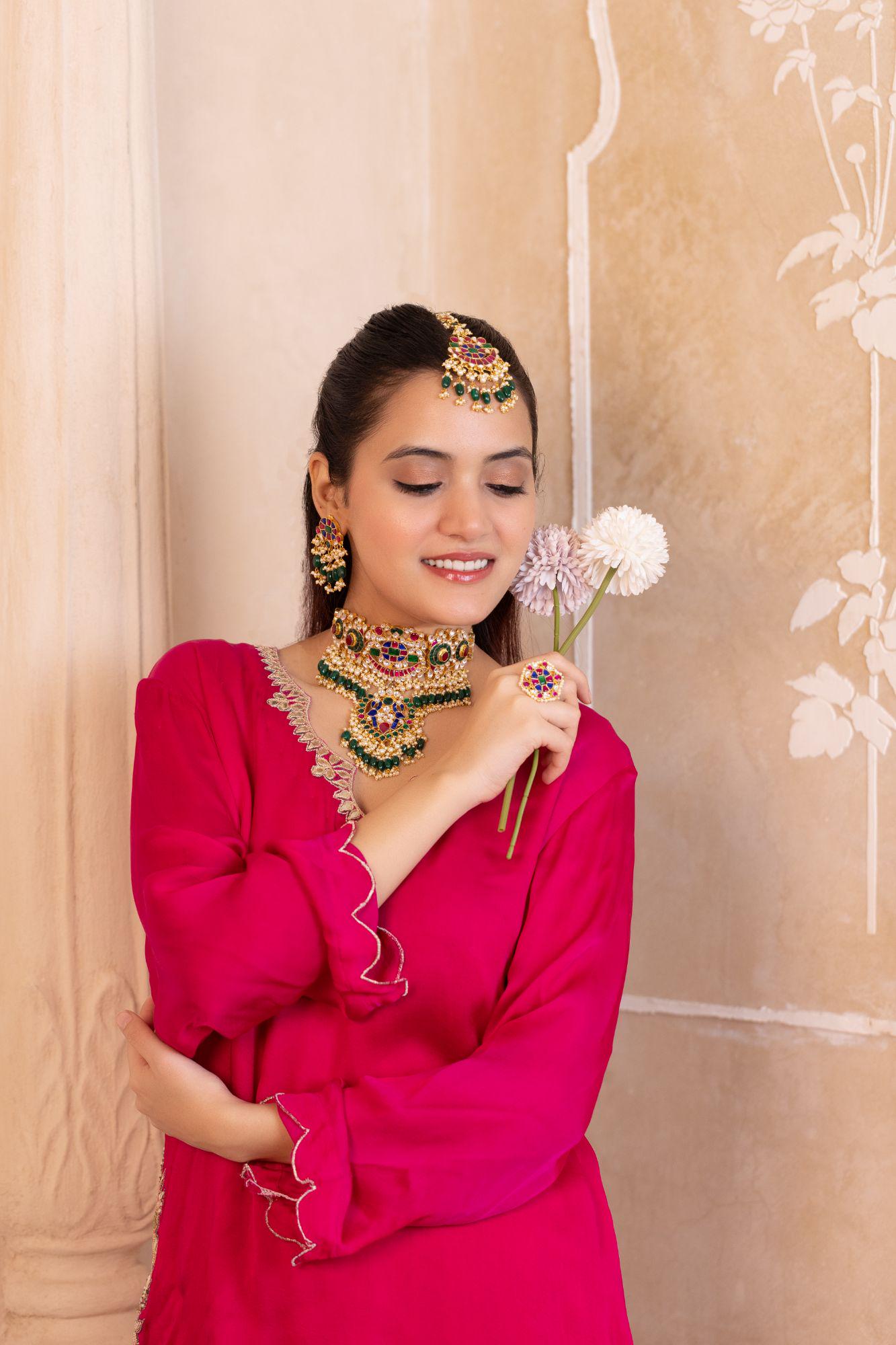 Kundan Meenakari Jewelry Set | Gold Plated Choker, Jhumka Earrings, Tikka, Ring