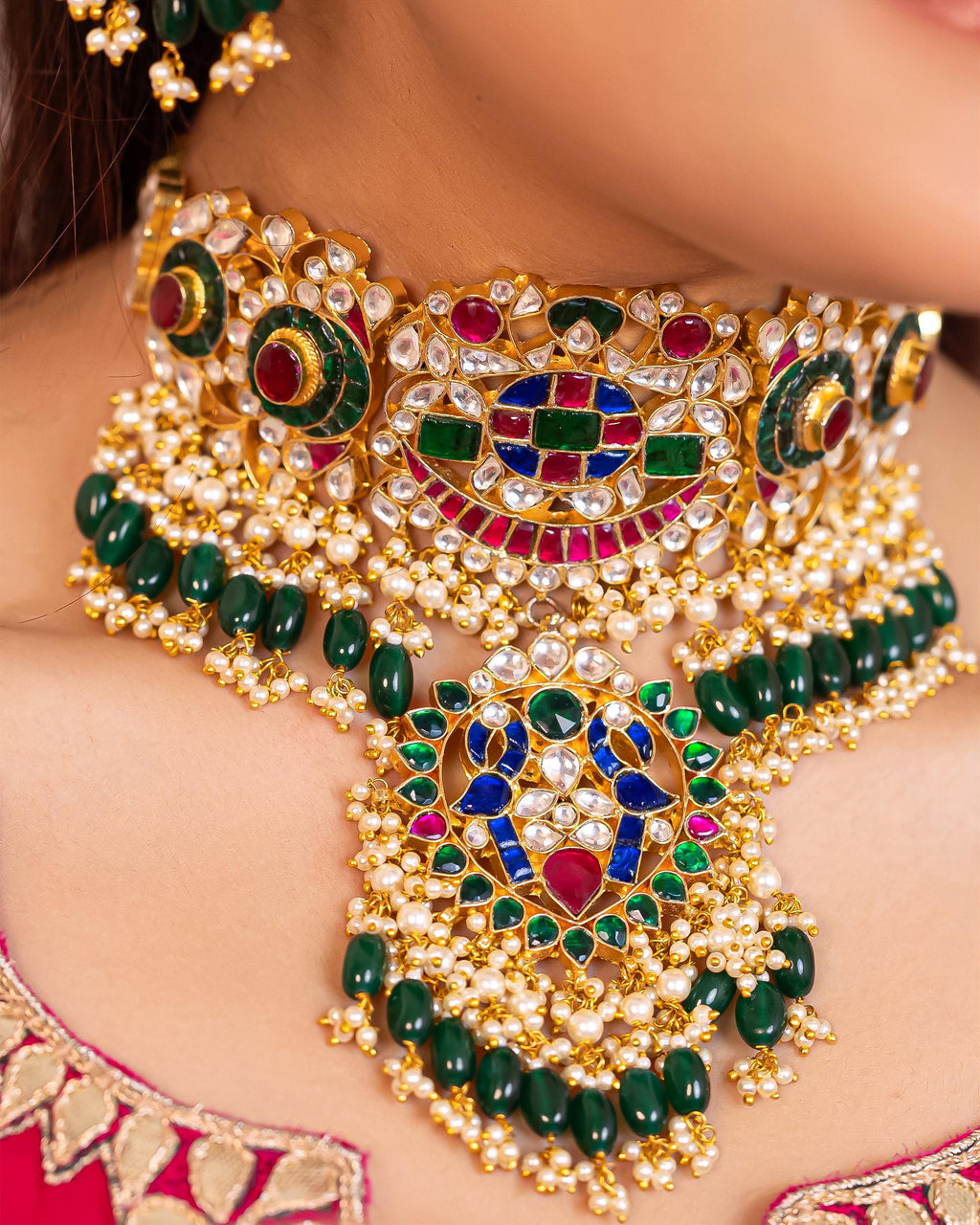 Kundan Meenakari Jewelry Set | Gold Plated Choker, Jhumka Earrings, Tikka, Ring