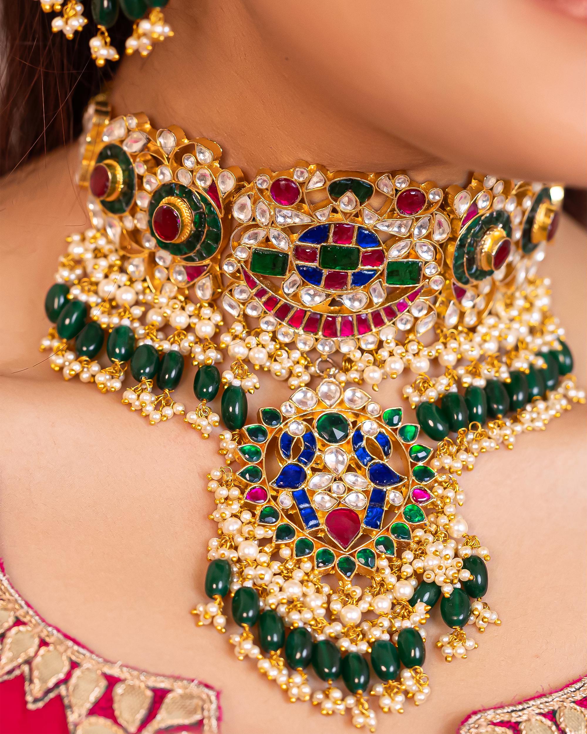 Kundan Meenakari Jewelry Set | Gold Plated Choker, Jhumka Earrings, Tikka, Ring