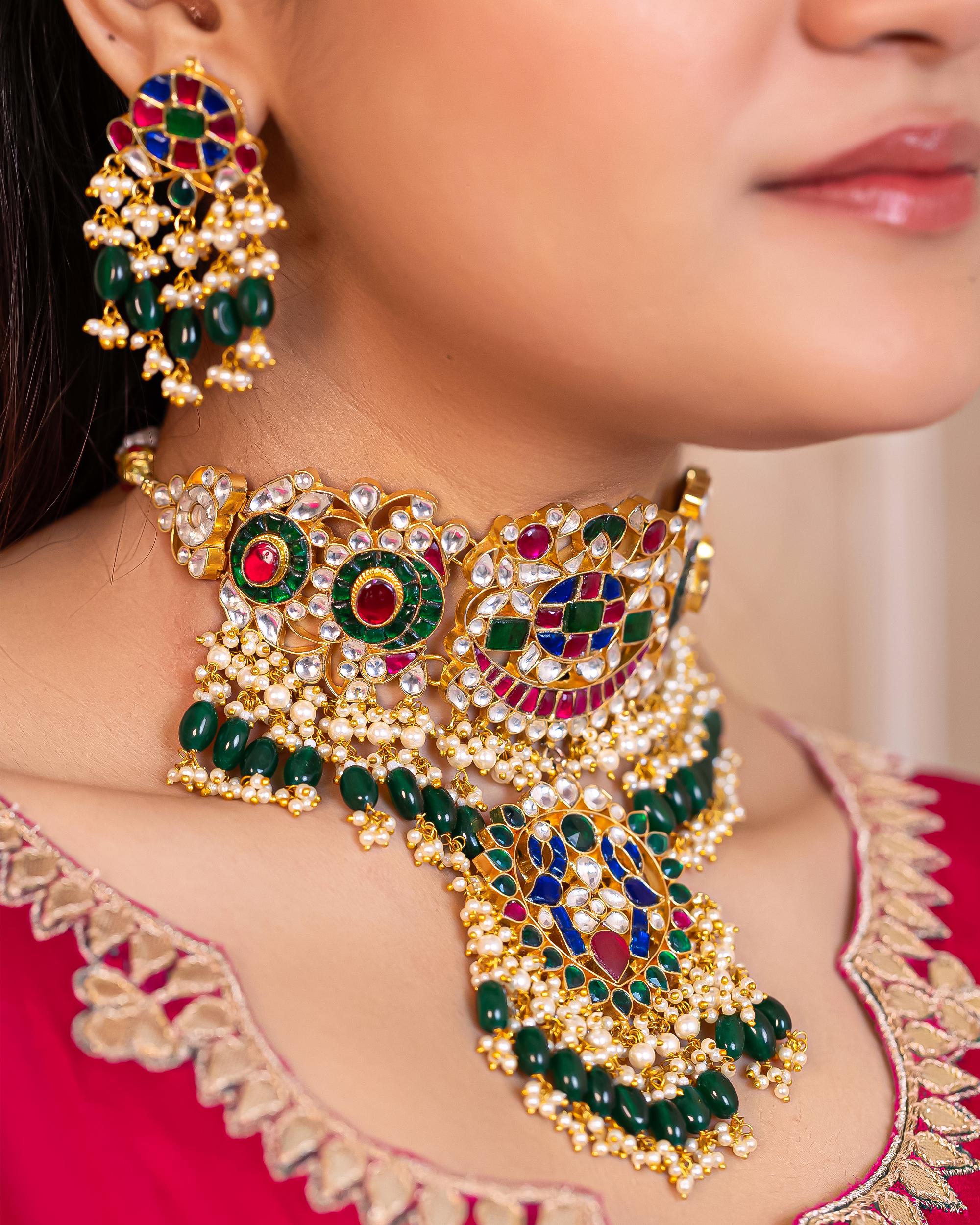 Kundan Meenakari Jewelry Set | Gold Plated Choker, Jhumka Earrings, Tikka, Ring