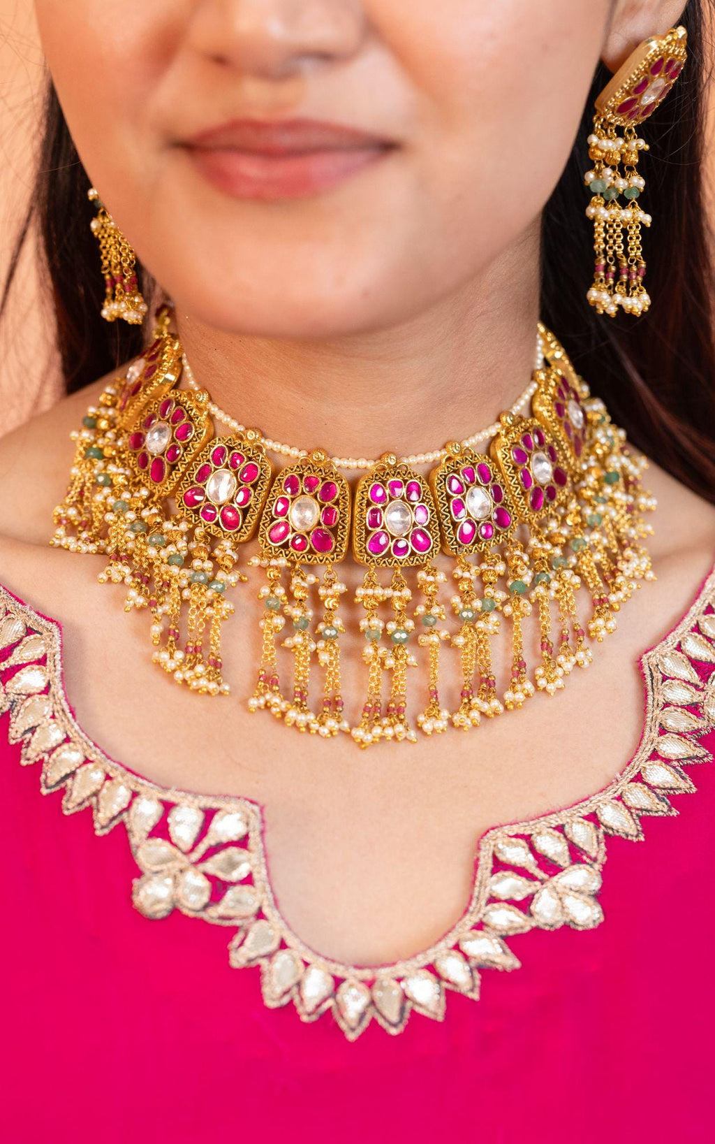 Pachi Kundan Choker Set | Gold Plated Pink Ruby, Mint Beads, Pearl Tassel Earrings