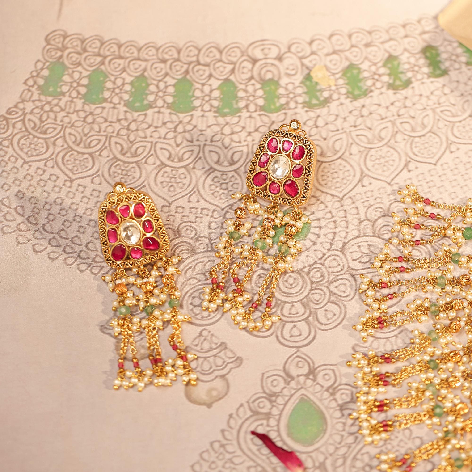 Pachi Kundan Choker Set | Gold Plated Pink Ruby, Mint Beads, Pearl Tassel Earrings