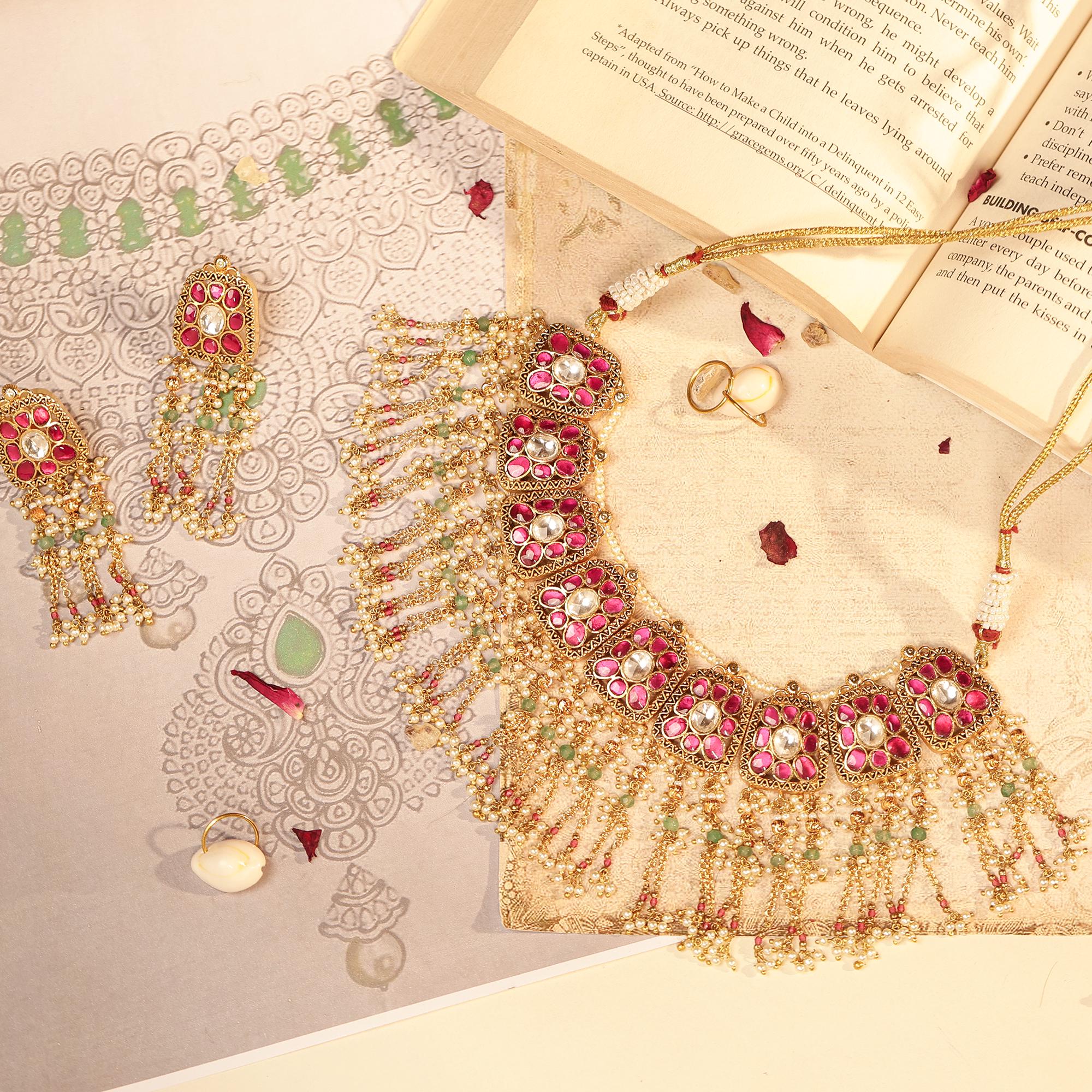 Pachi Kundan Choker Set | Gold Plated Pink Ruby, Mint Beads, Pearl Tassel Earrings