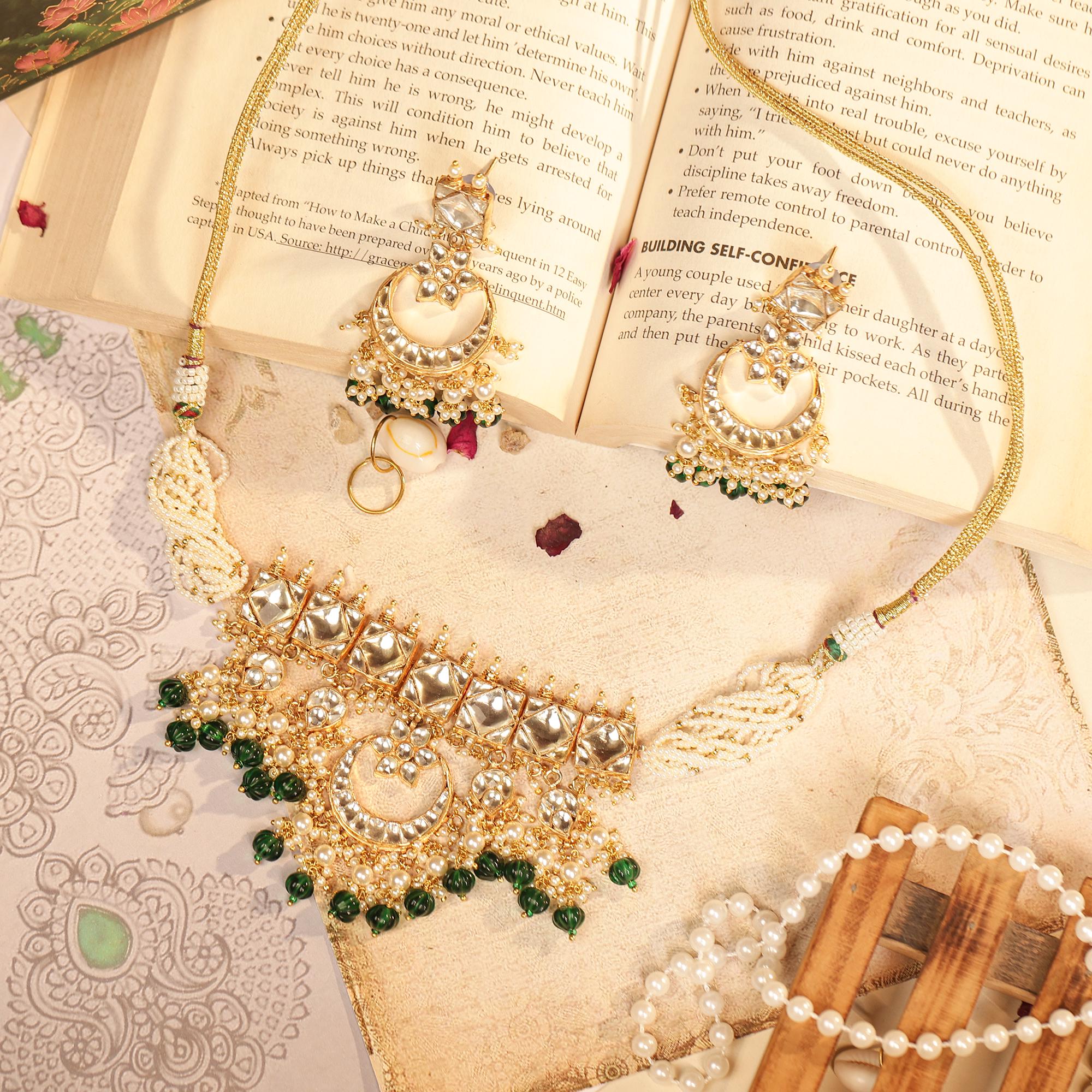 Kundan Choker Set, Gold Plated Chandbali Necklace Earrings, Pearl Band Traditional Jewelry