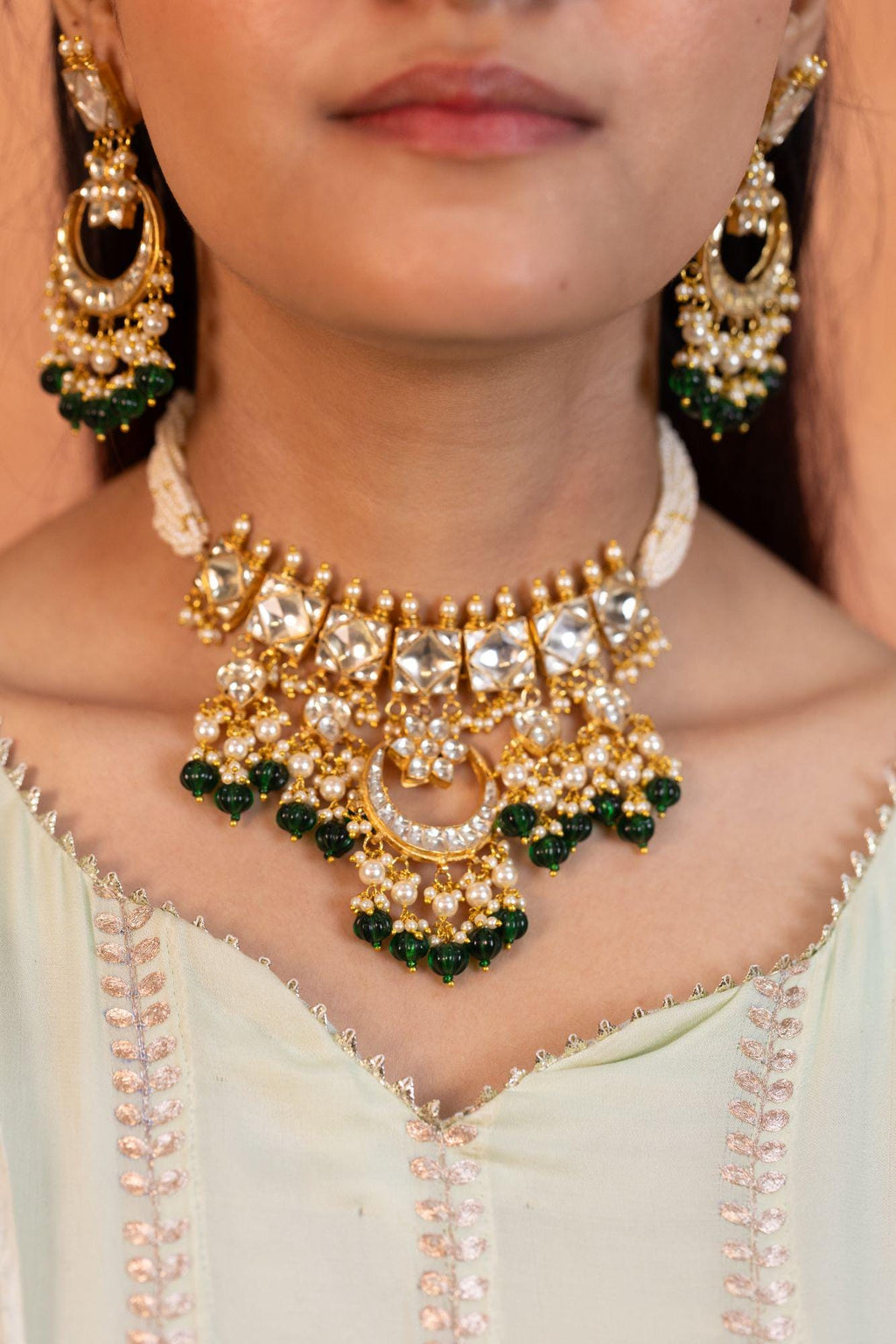 Kundan Choker Set, Gold Plated Chandbali Necklace Earrings, Pearl Band Traditional Jewelry