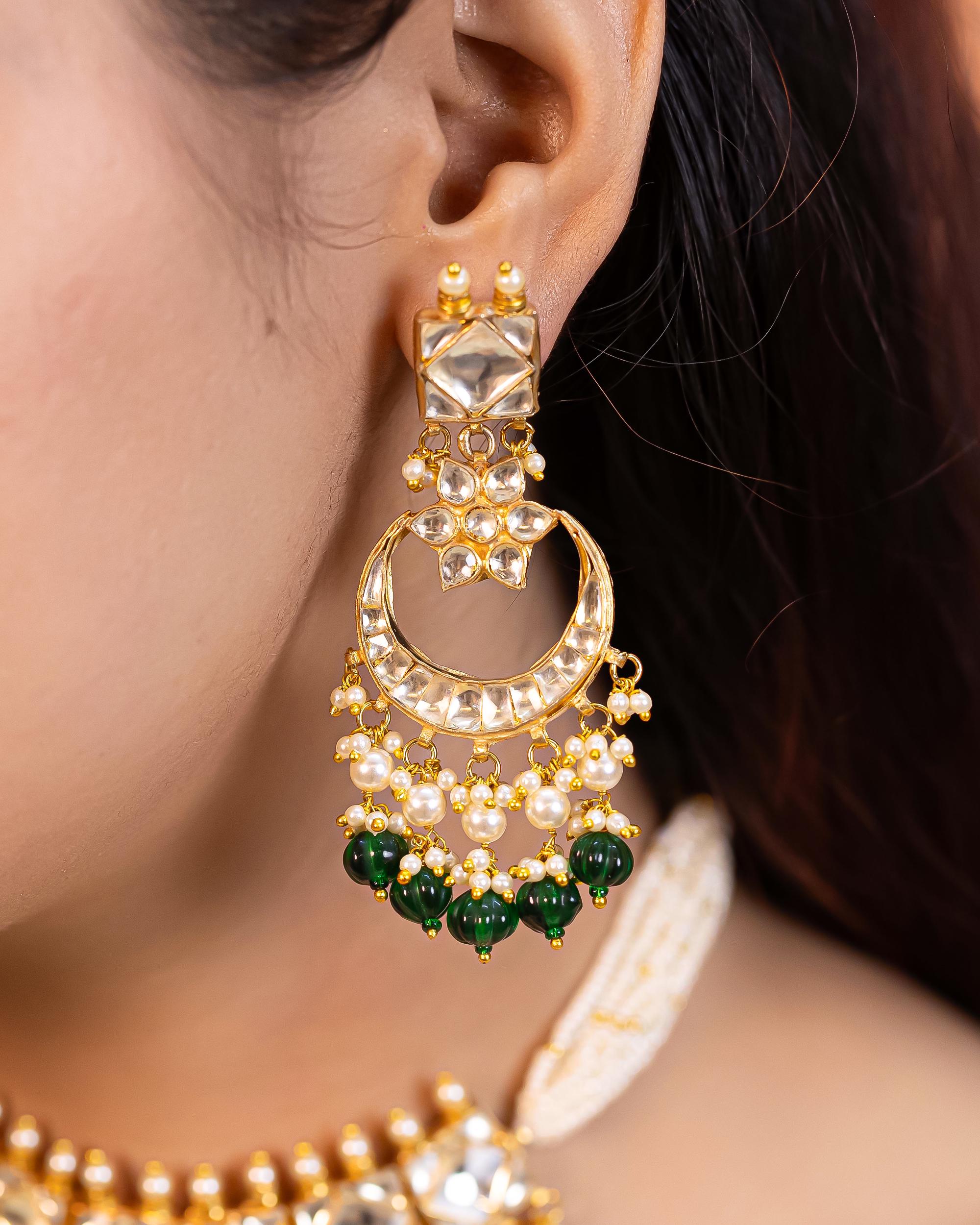 Kundan Choker Set, Gold Plated Chandbali Necklace Earrings, Pearl Band Traditional Jewelry