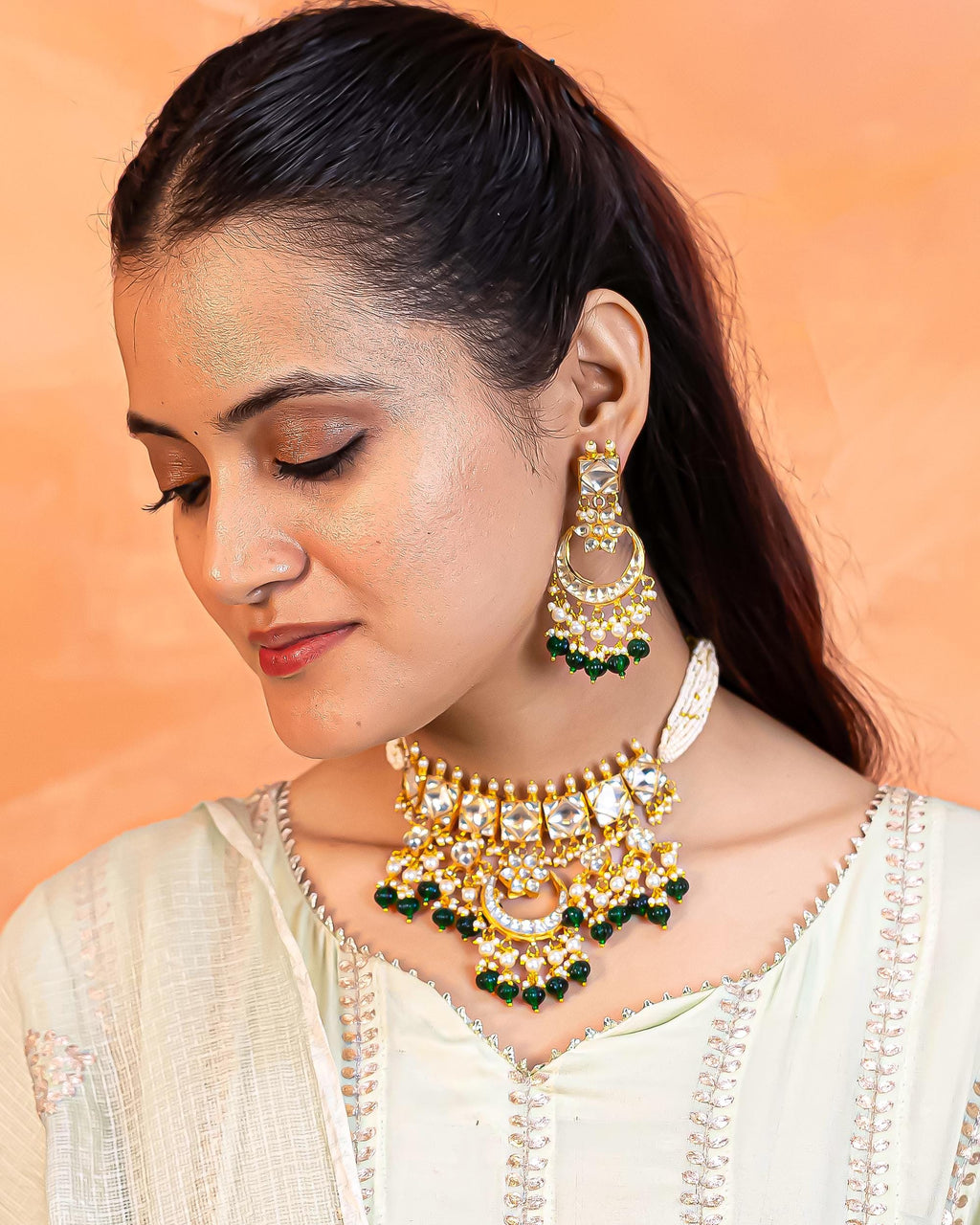 Kundan Choker Set, Gold Plated Chandbali Necklace Earrings, Pearl Band Traditional Jewelry