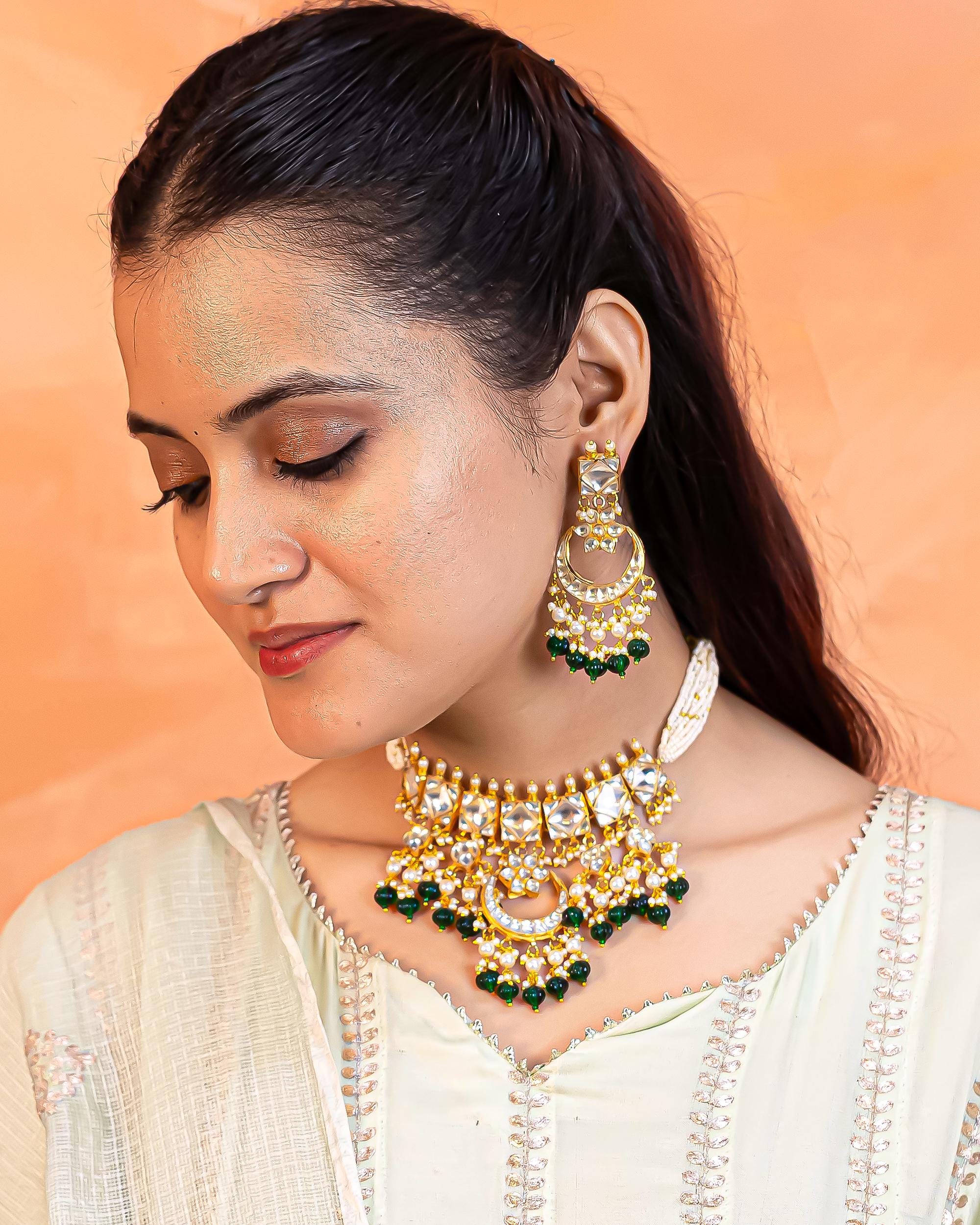 Kundan Choker Set, Gold Plated Chandbali Necklace Earrings, Pearl Band Traditional Jewelry