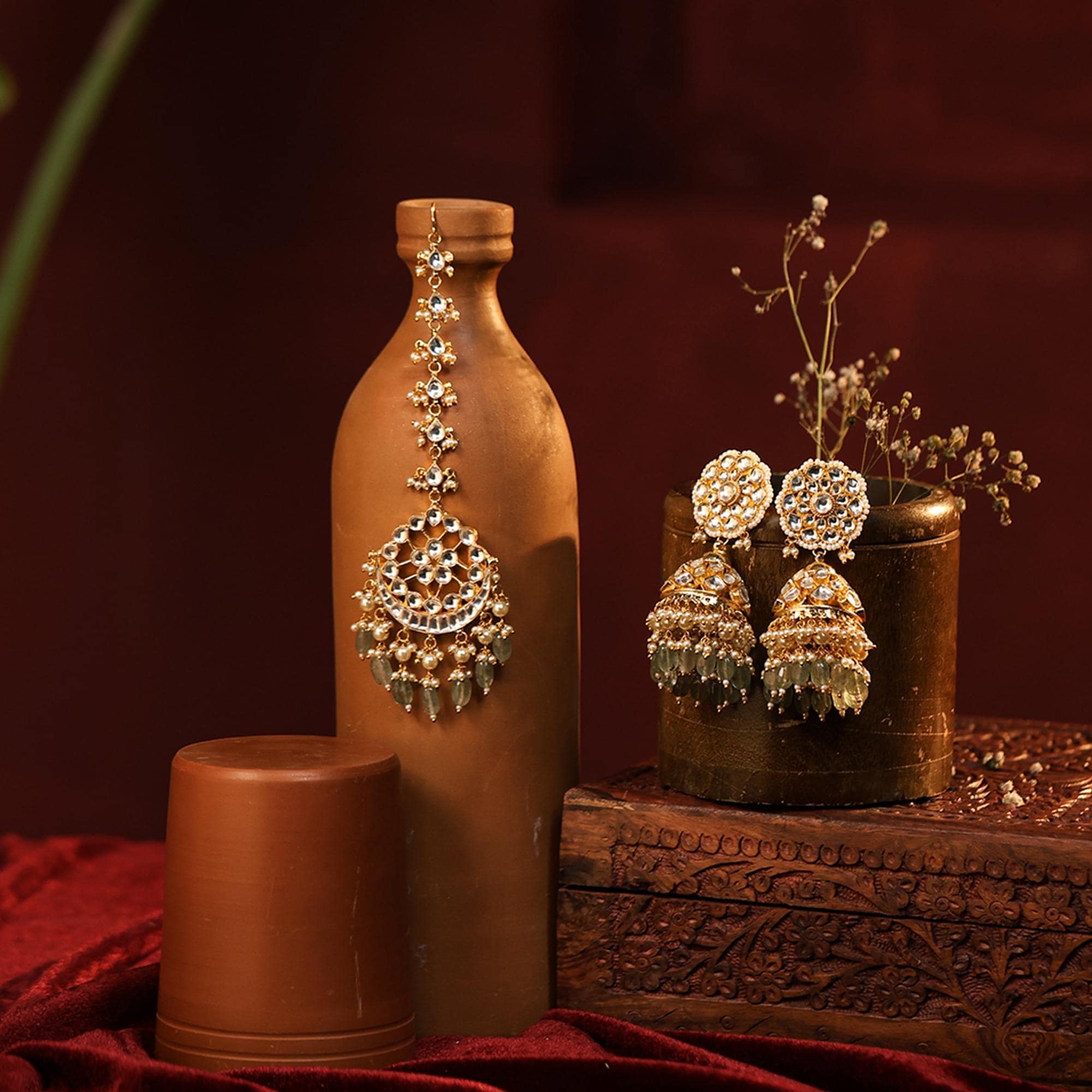 Pachi Kundan Bridal Choker Set: Gold Plated Mint Green Beads, Jhumka Earrings, Tikka