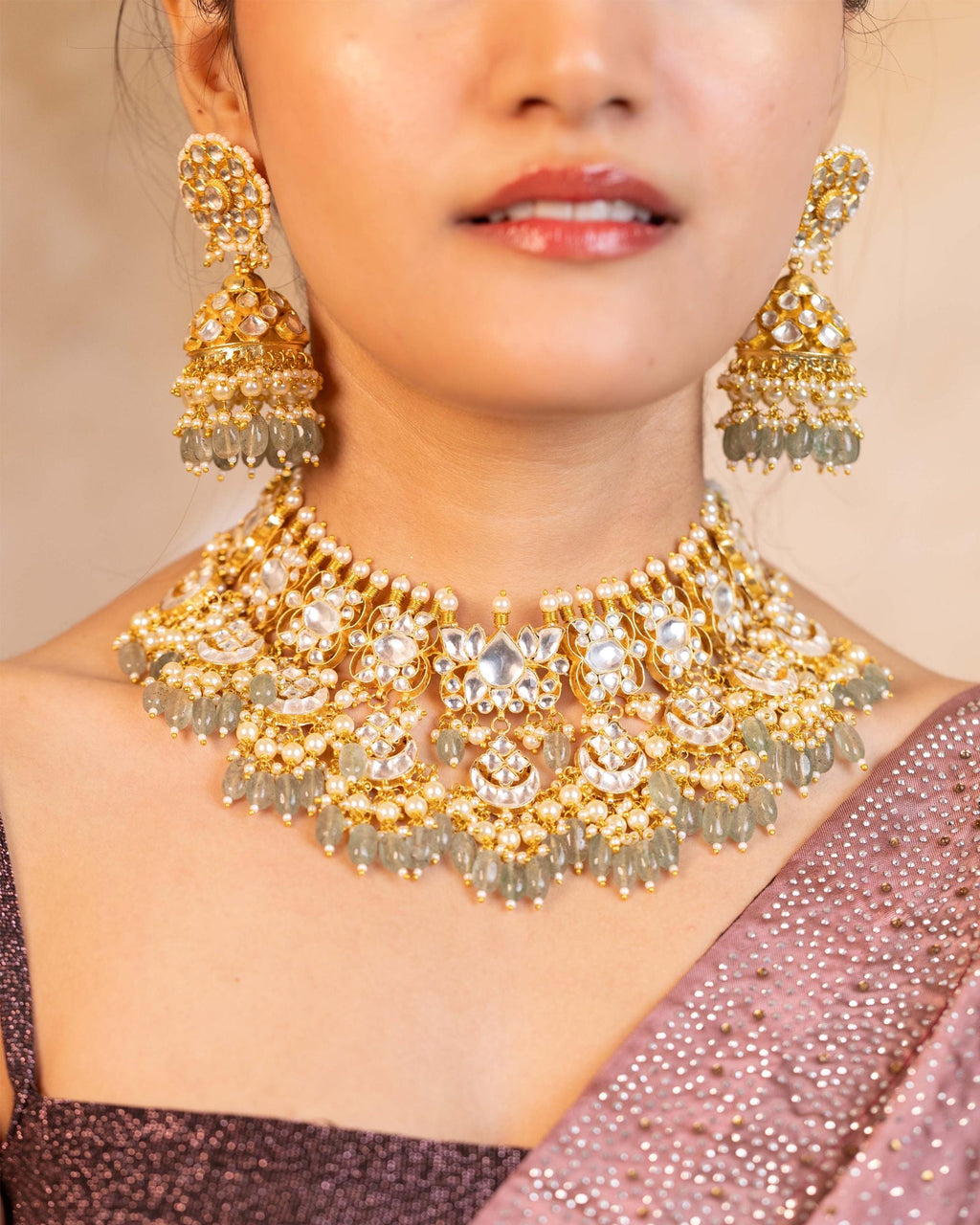 Pachi Kundan Bridal Choker Set: Gold Plated Mint Green Beads, Jhumka Earrings, Tikka