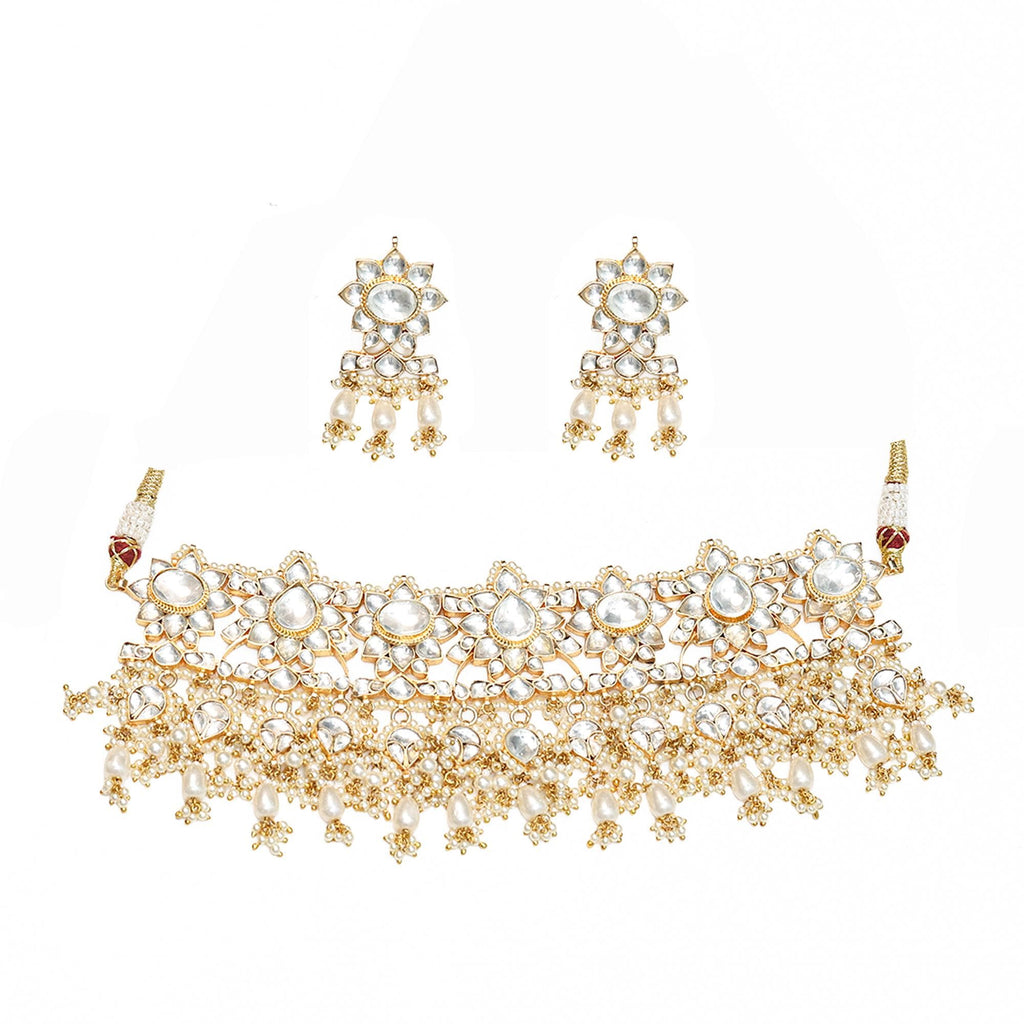 Gold Plated Kundan Choker Set with Pearl Drops, Floral Motif Necklace Earrings