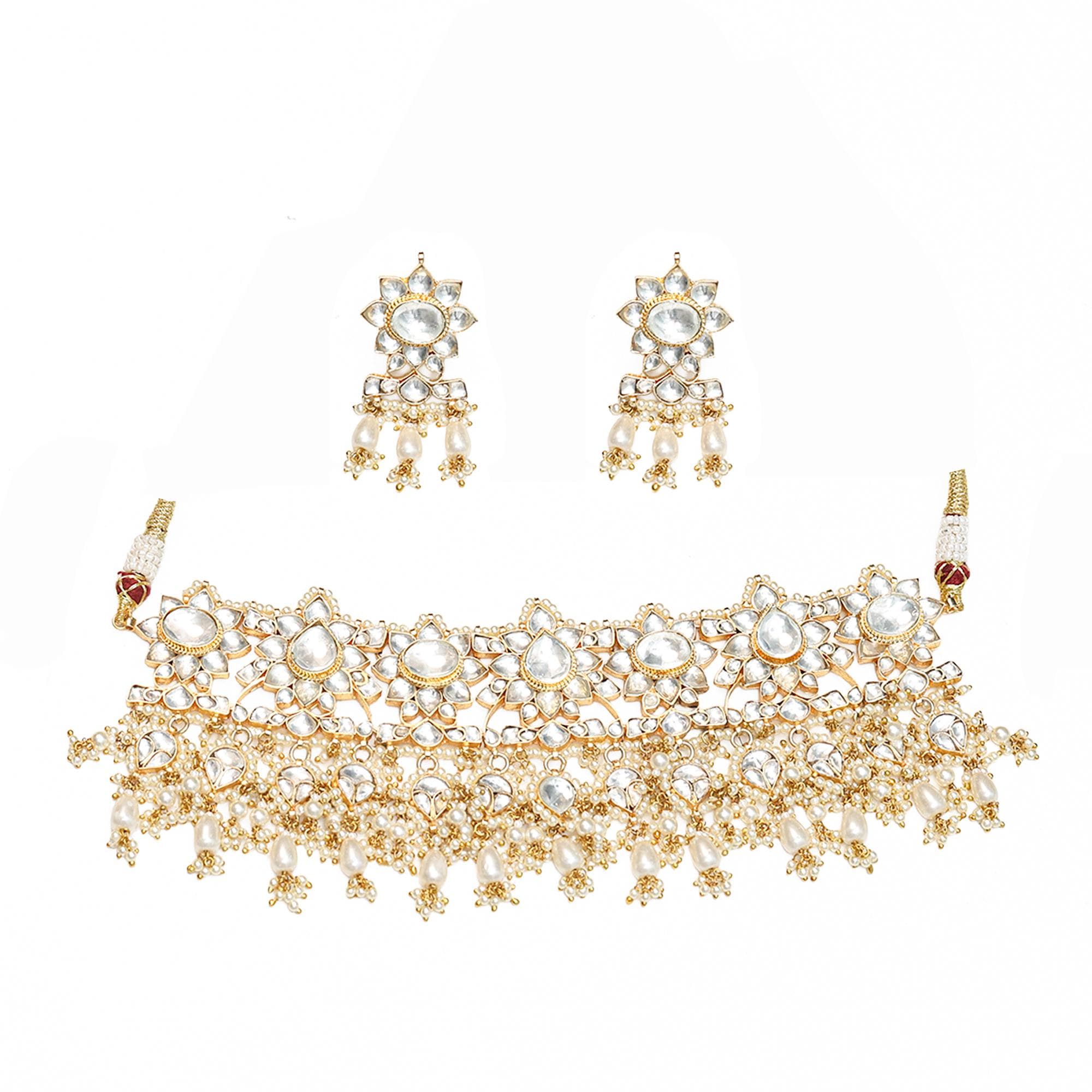 Gold Plated Kundan Choker Set with Pearl Drops, Floral Motif Necklace Earrings