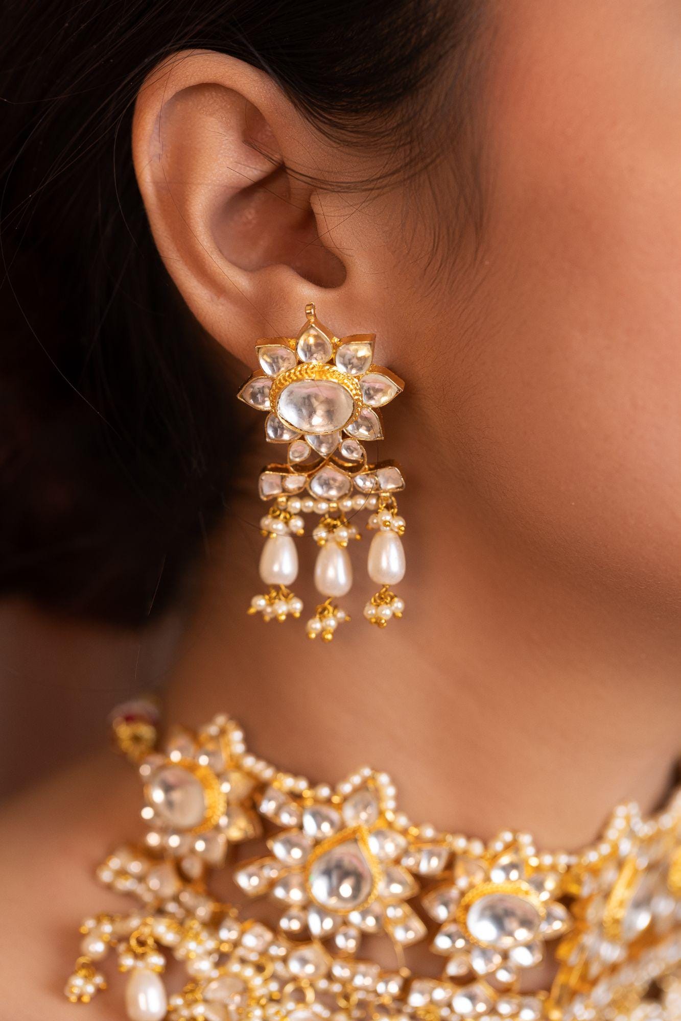 Gold Plated Kundan Choker Set with Pearl Drops, Floral Motif Necklace Earrings