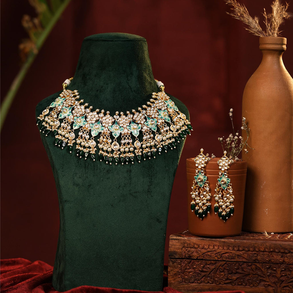 Handpainted Kundan Choker Set with Floral Enamel and Pearl Dangles