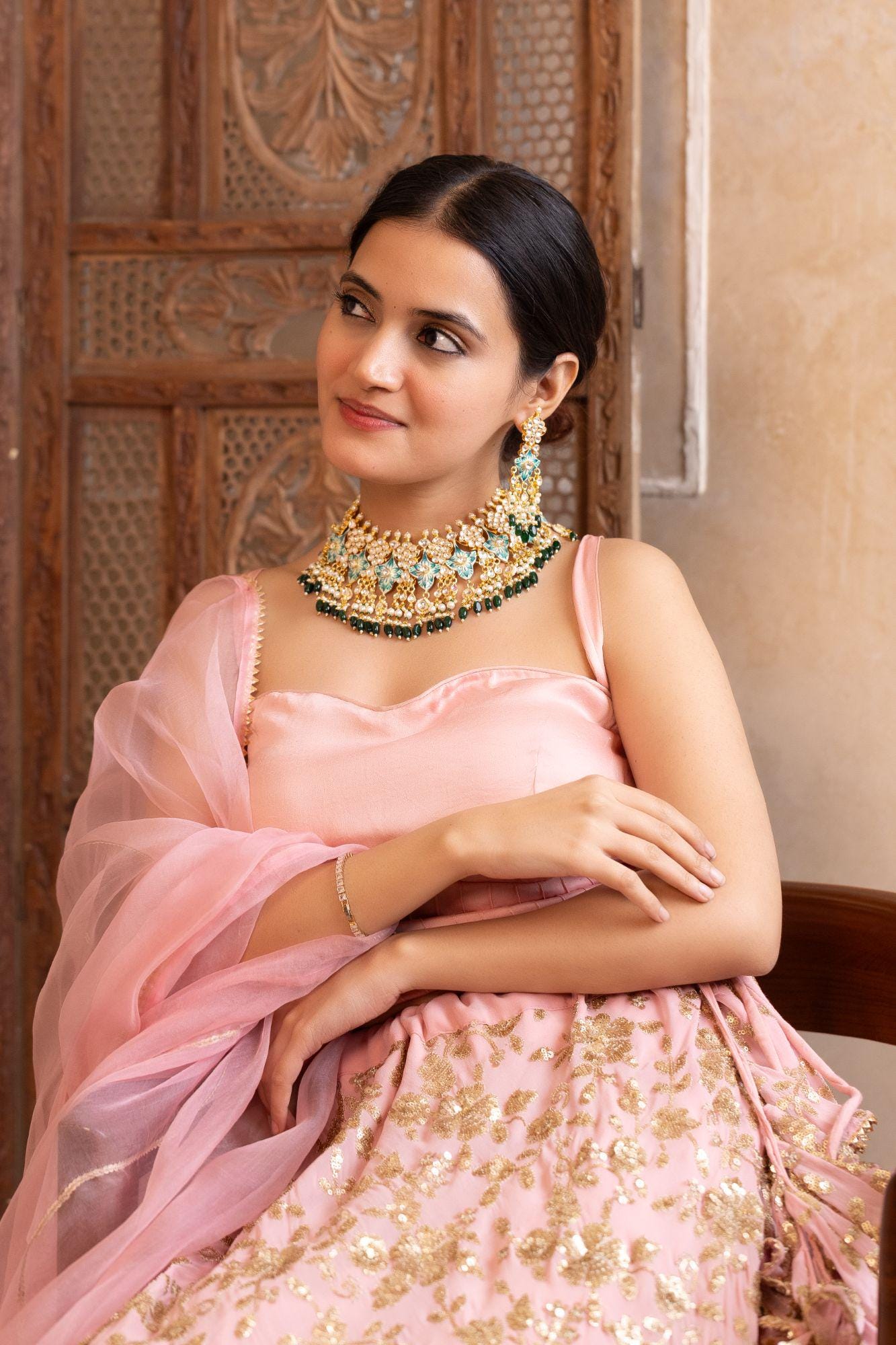 Handpainted Kundan Choker Set with Floral Enamel and Pearl Dangles