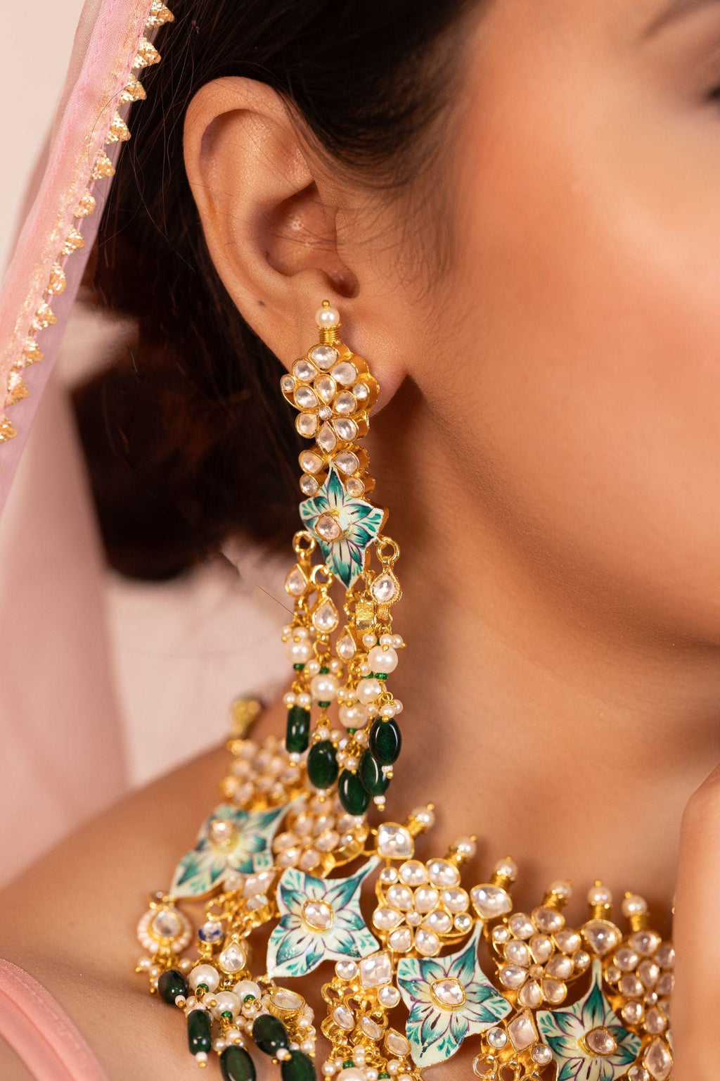 Handpainted Kundan Choker Set with Floral Enamel and Pearl Dangles