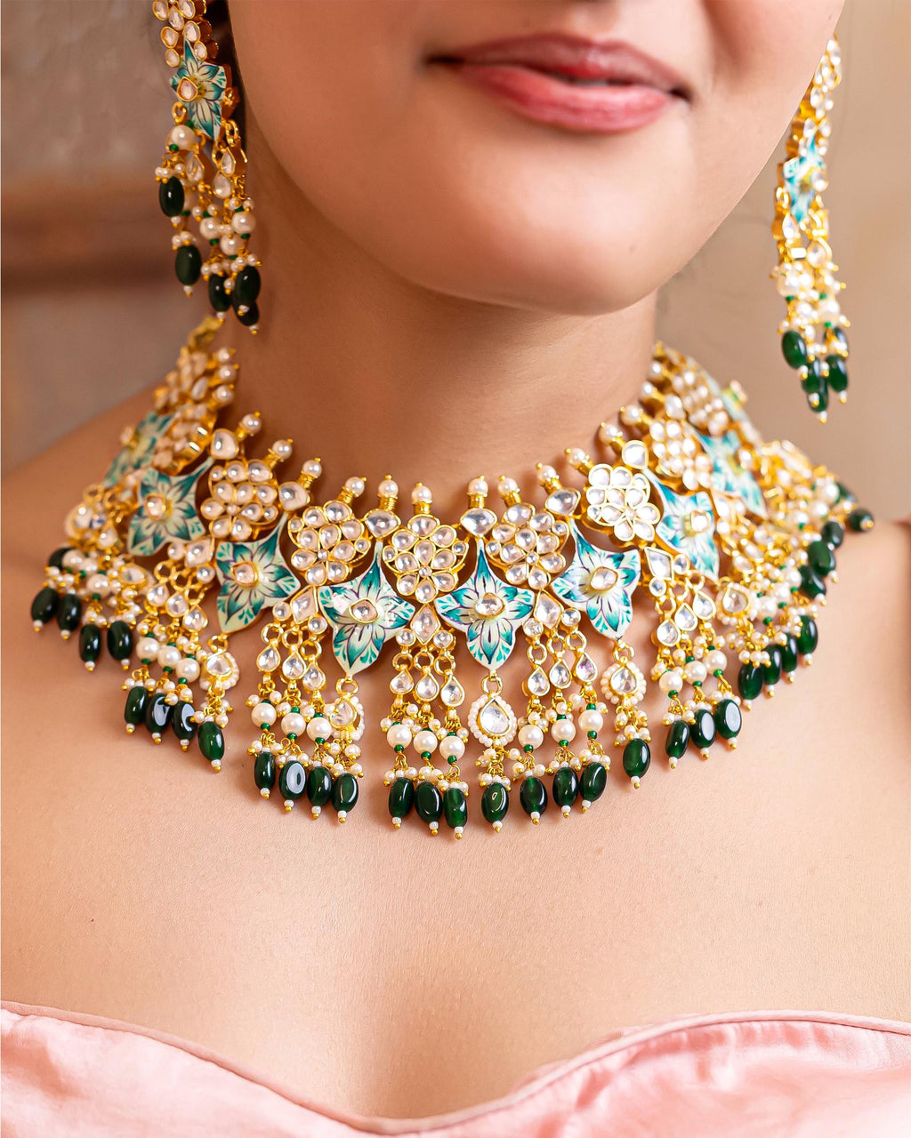 Handpainted Kundan Choker Set with Floral Enamel and Pearl Dangles