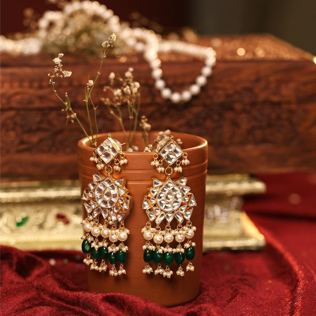 Kundan Statement Set | Gold Plated Choker, Earrings | Emerald Green Onyx Pearls