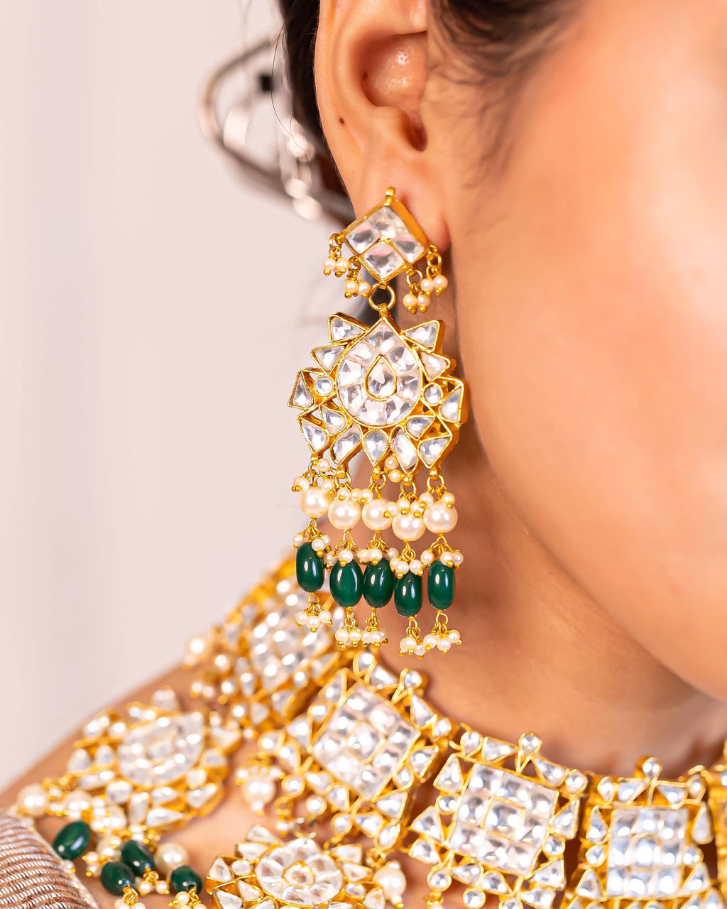 Kundan Statement Set | Gold Plated Choker, Earrings | Emerald Green Onyx Pearls