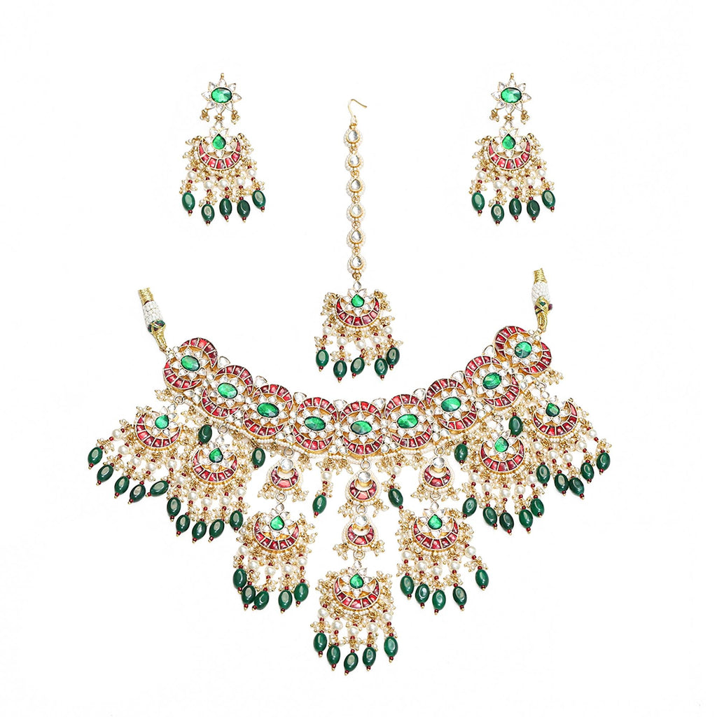 Kundan Meenakari Choker Set, Ruby Red Green Polki Chandbali Earrings Tikka, Bridal Wear