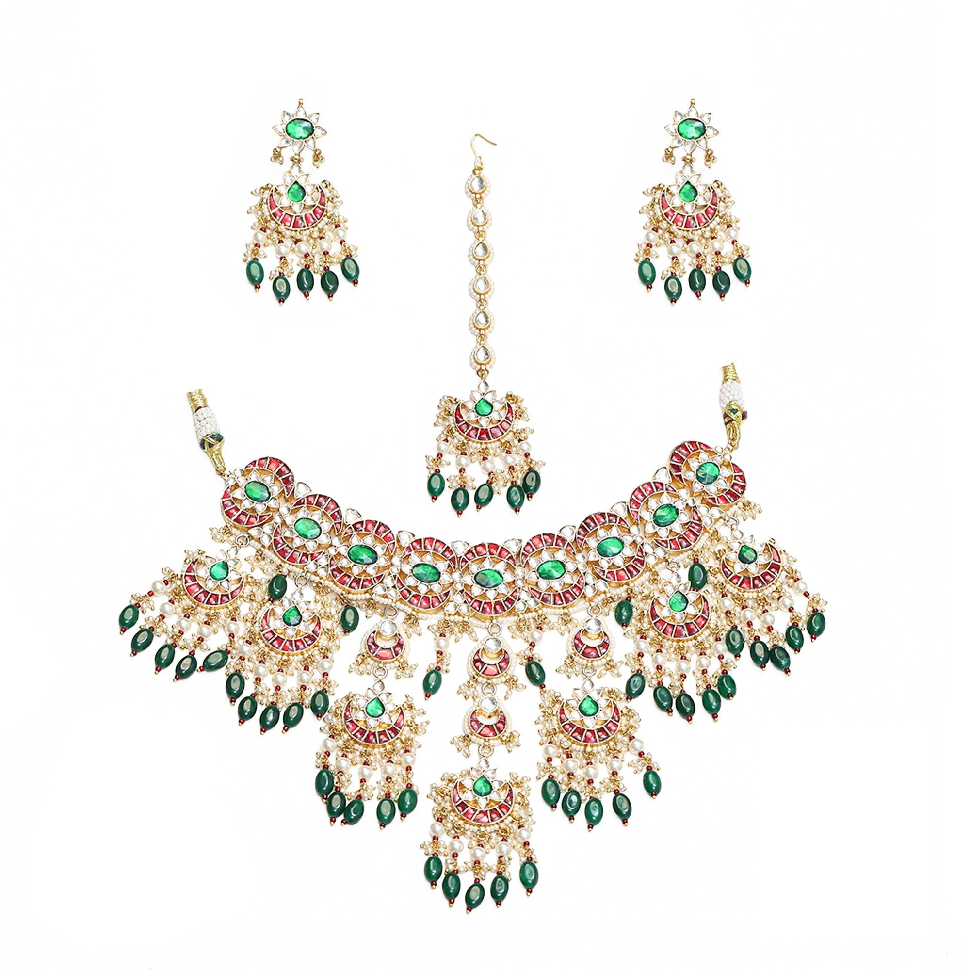 Kundan Meenakari Choker Set, Ruby Red Green Polki Chandbali Earrings Tikka, Bridal Wear