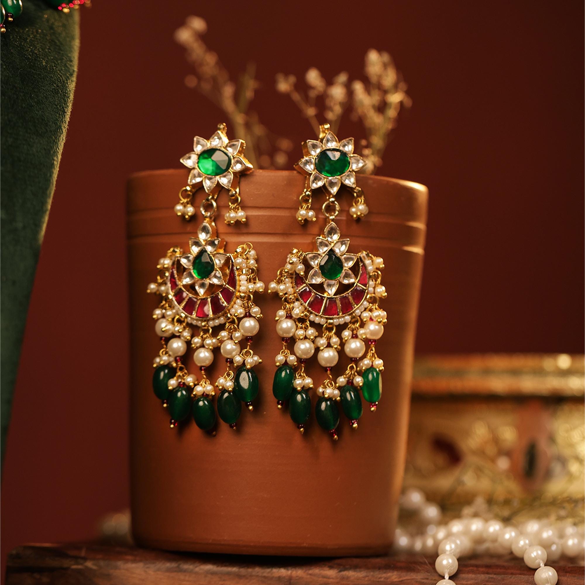 Kundan Meenakari Choker Set, Ruby Red Green Polki Chandbali Earrings Tikka, Bridal Wear