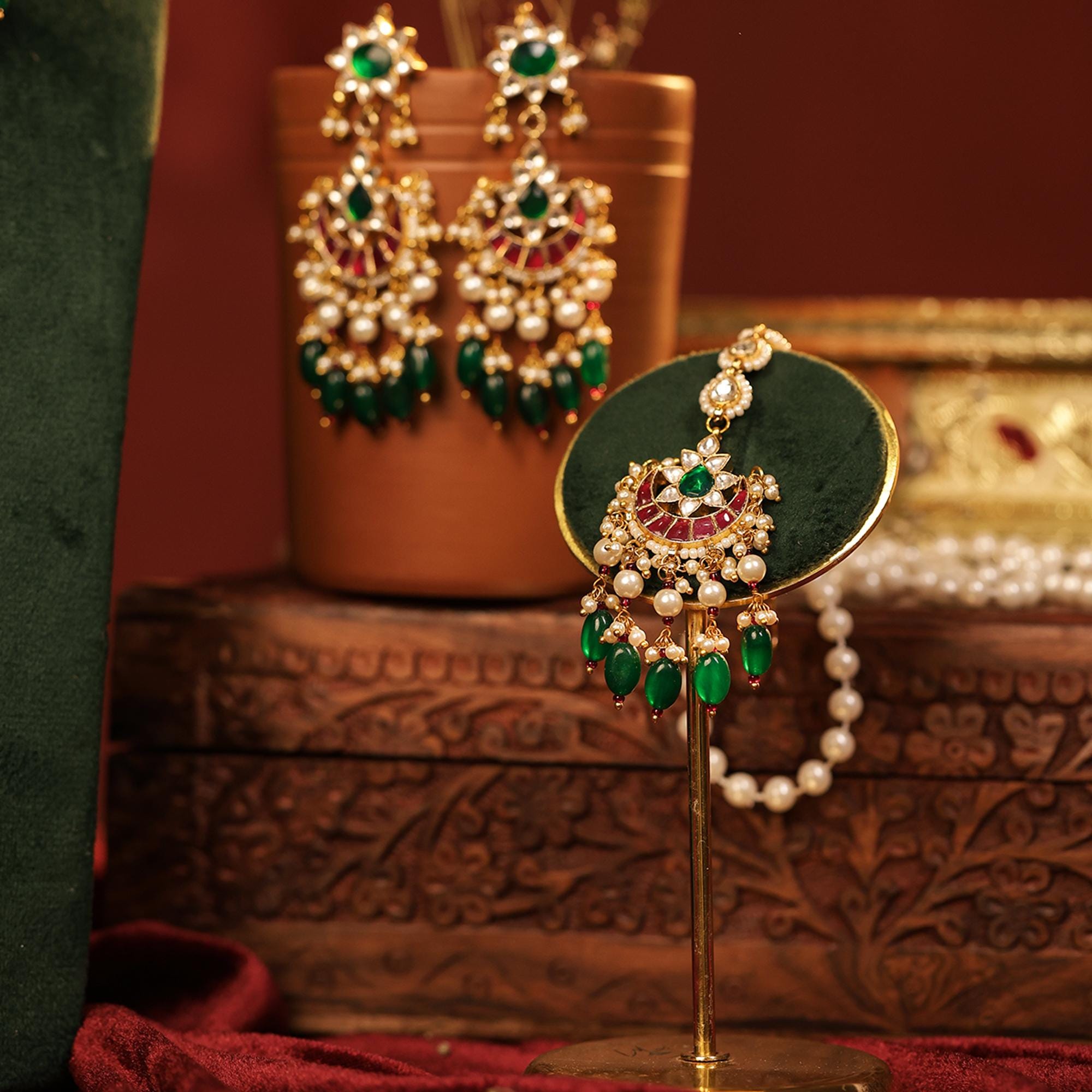 Kundan Meenakari Choker Set, Ruby Red Green Polki Chandbali Earrings Tikka, Bridal Wear