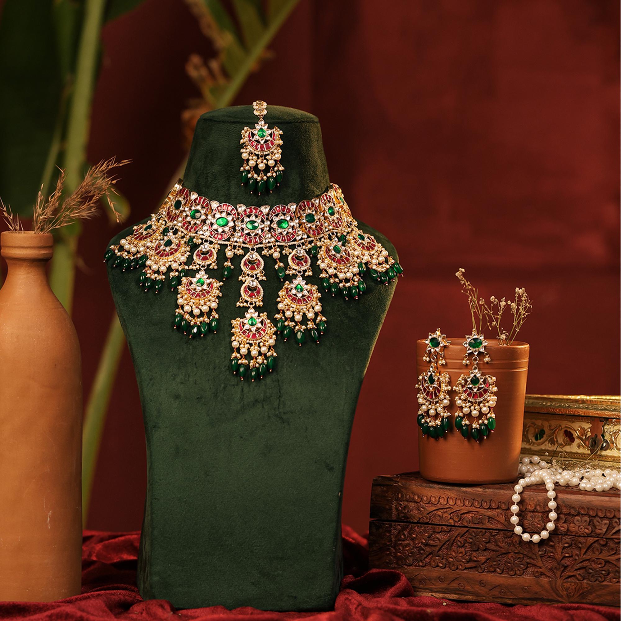 Kundan Meenakari Choker Set, Ruby Red Green Polki Chandbali Earrings Tikka, Bridal Wear