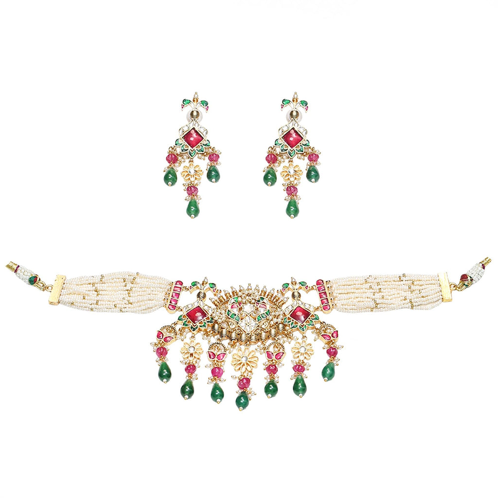 Handpainted Kundan Meenakari Choker Set | Gold Plated Peacock Motif Dangler Earrings