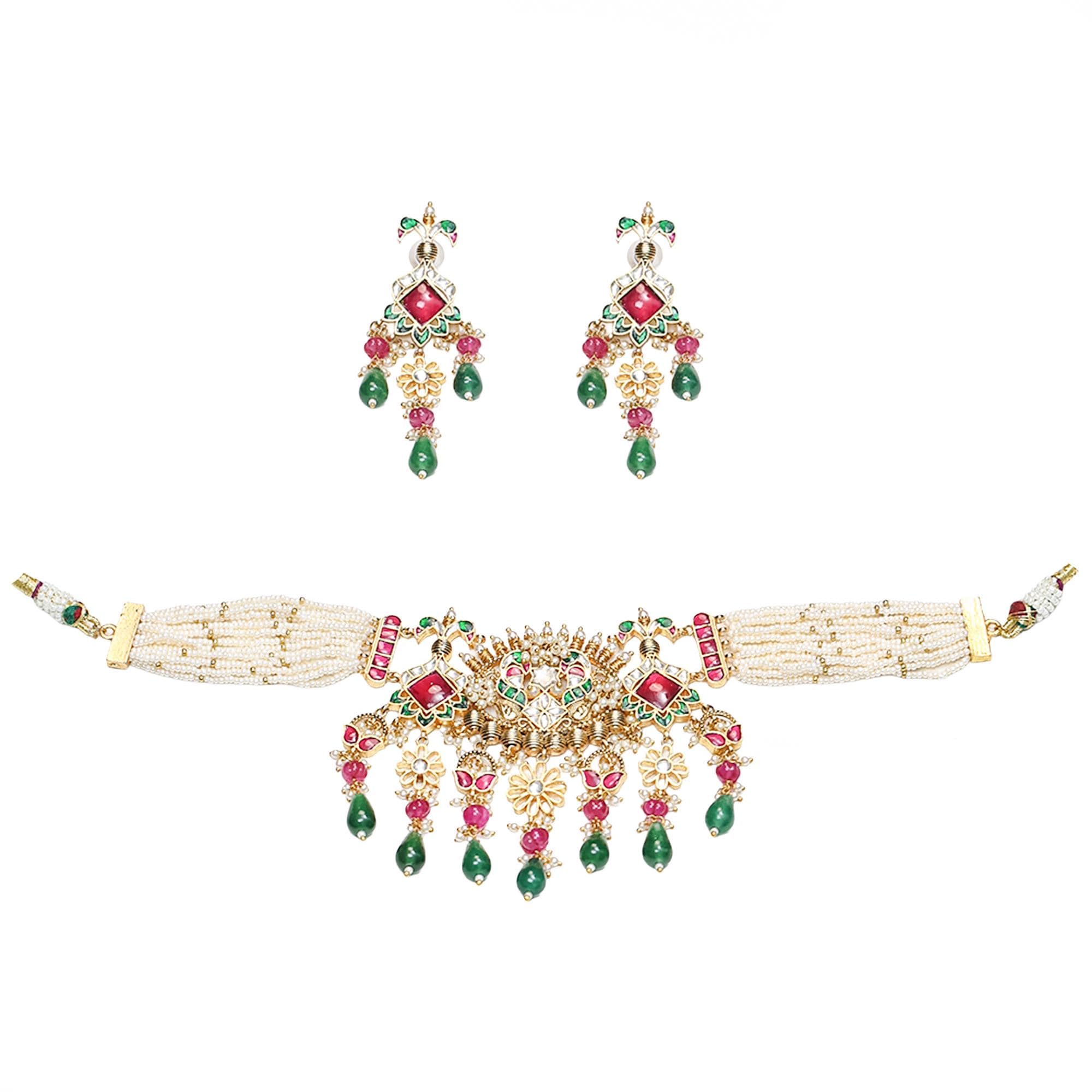 Handpainted Kundan Meenakari Choker Set | Gold Plated Peacock Motif Dangler Earrings