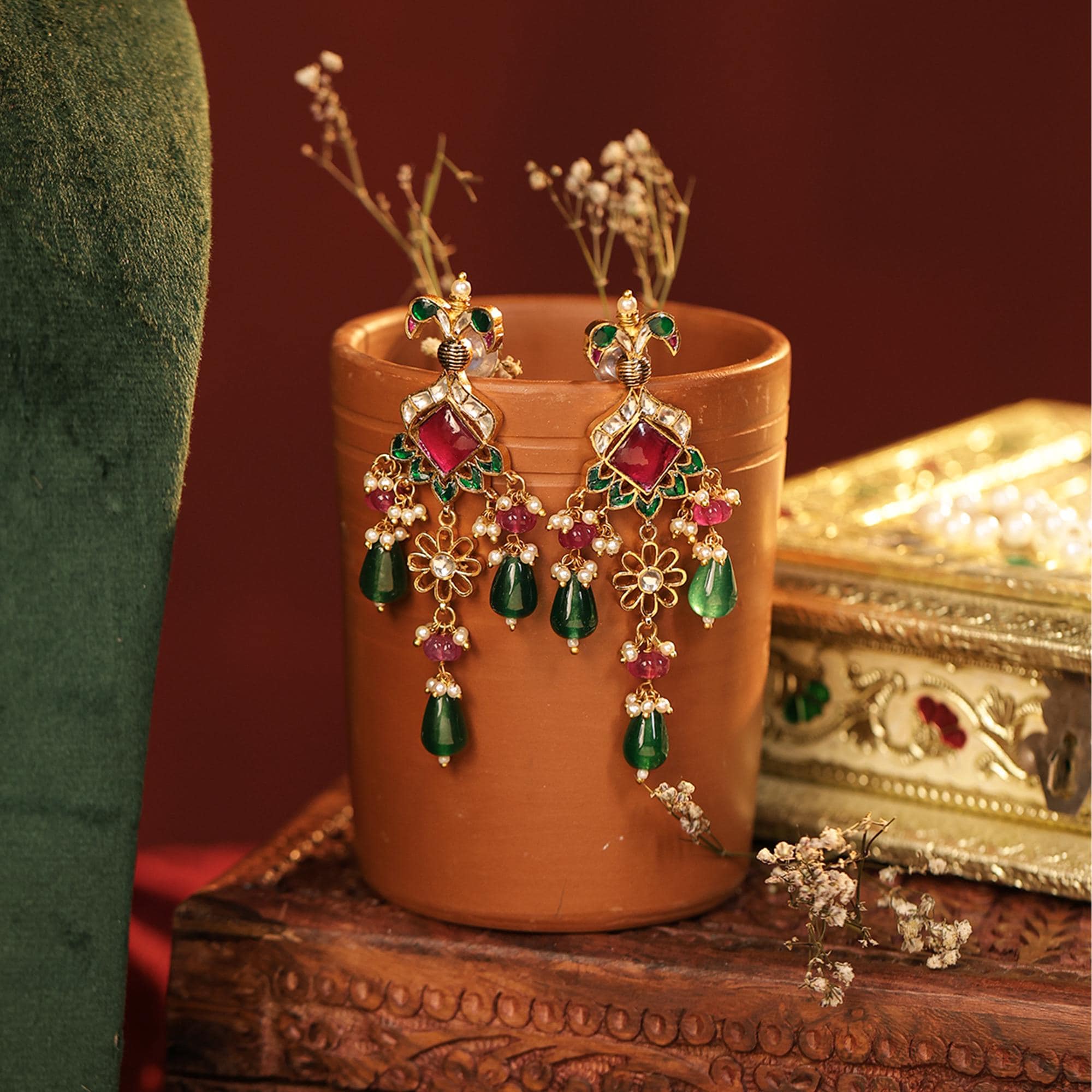 Handpainted Kundan Meenakari Choker Set | Gold Plated Peacock Motif Dangler Earrings
