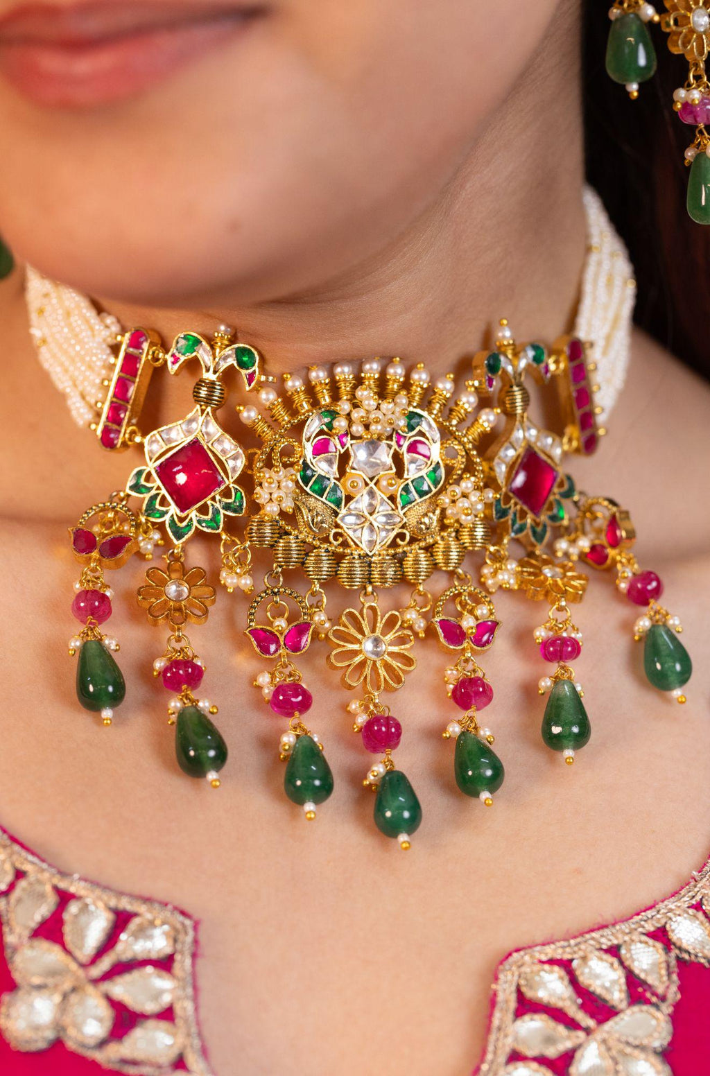 Handpainted Kundan Meenakari Choker Set | Gold Plated Peacock Motif Dangler Earrings
