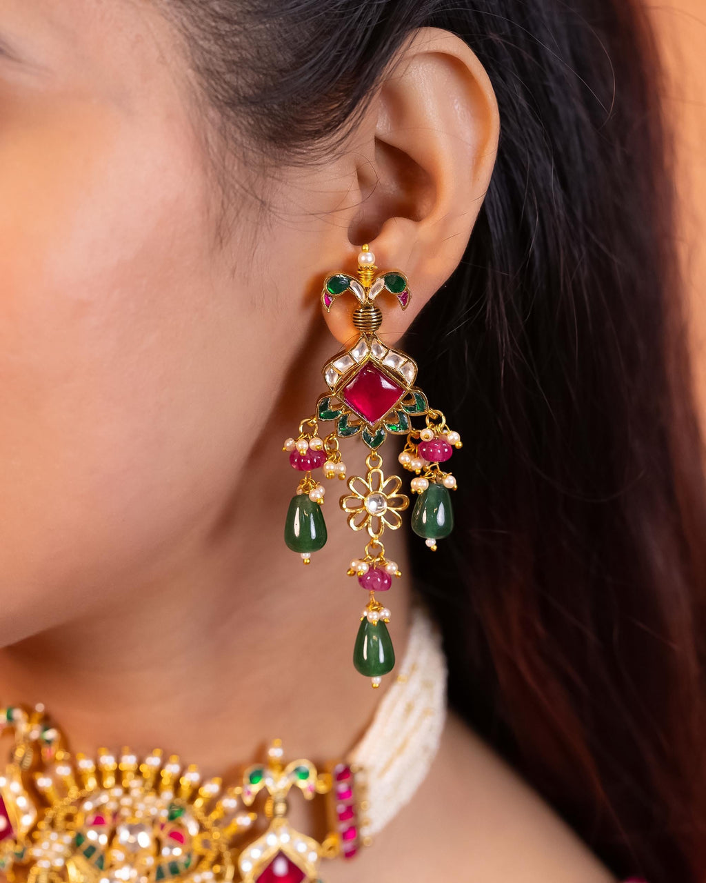 Handpainted Kundan Meenakari Choker Set | Gold Plated Peacock Motif Dangler Earrings