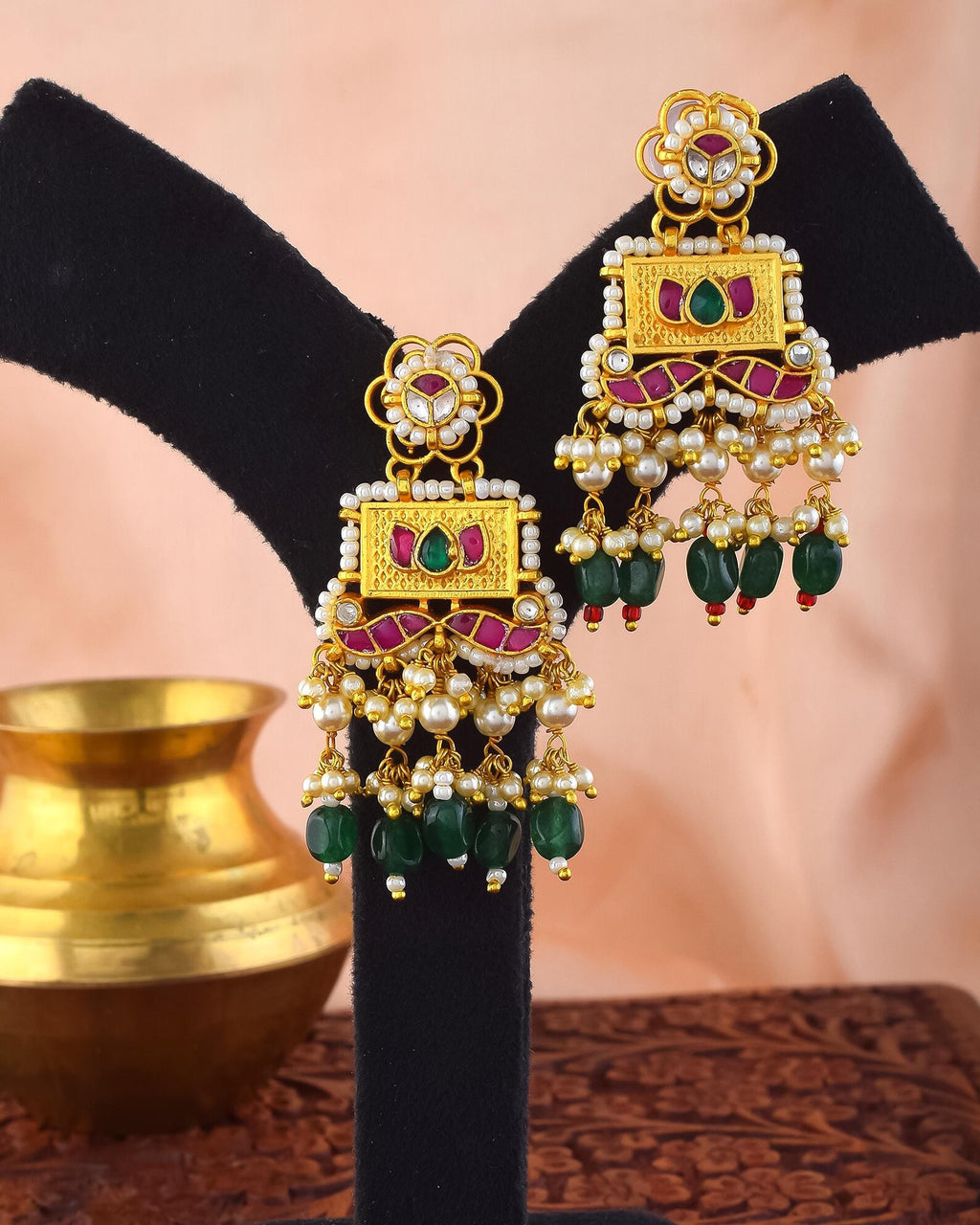 Antique Gold Nakshi Temple Pendant Necklace Set | Ruby Emerald Bridal Jewelry