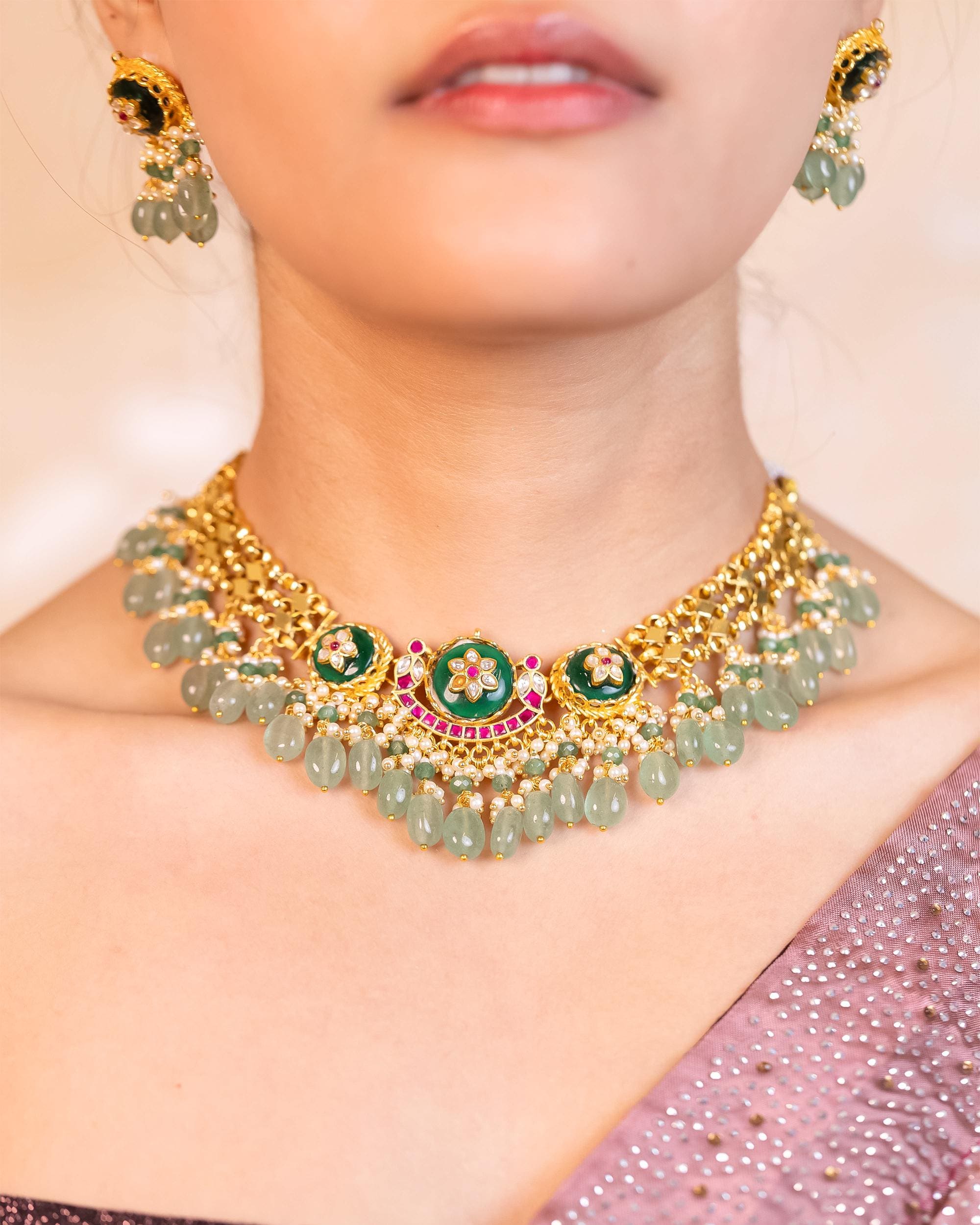 Handcrafted Temple Choker Set | Gold Plated Meenakari Lotus Medallion Necklace Earrings