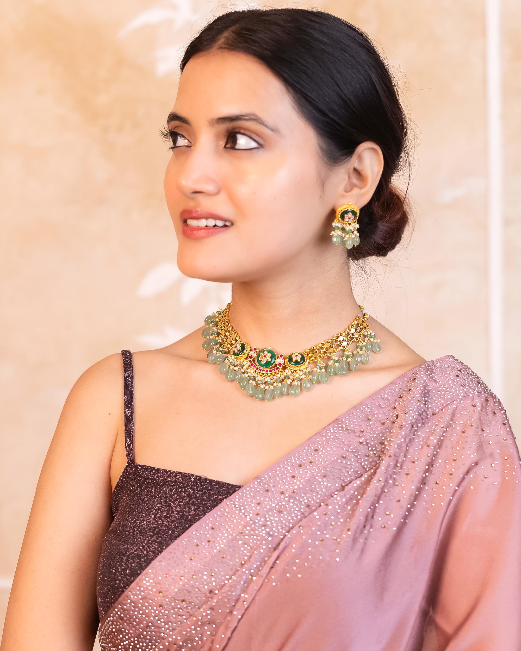 Handcrafted Temple Choker Set | Gold Plated Meenakari Lotus Medallion Necklace Earrings