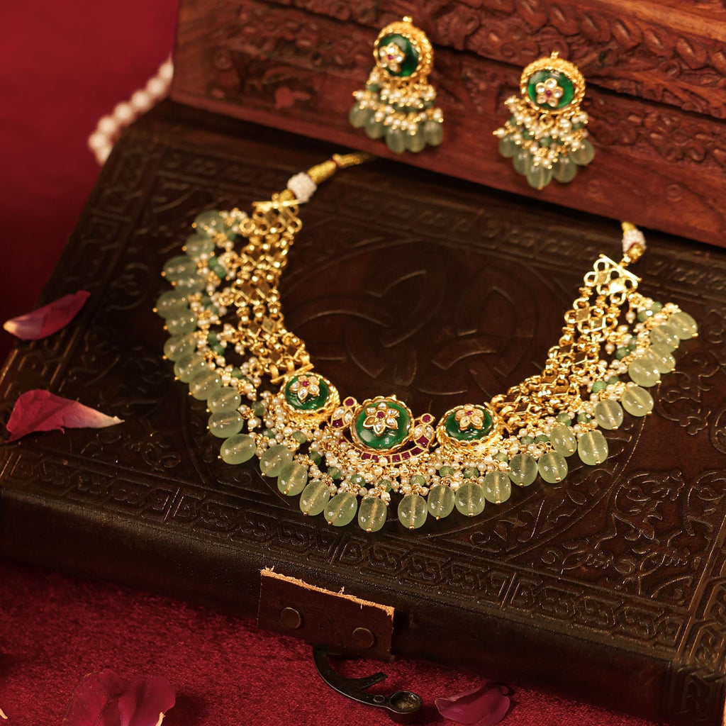 Handcrafted Temple Choker Set | Gold Plated Meenakari Lotus Medallion Necklace Earrings