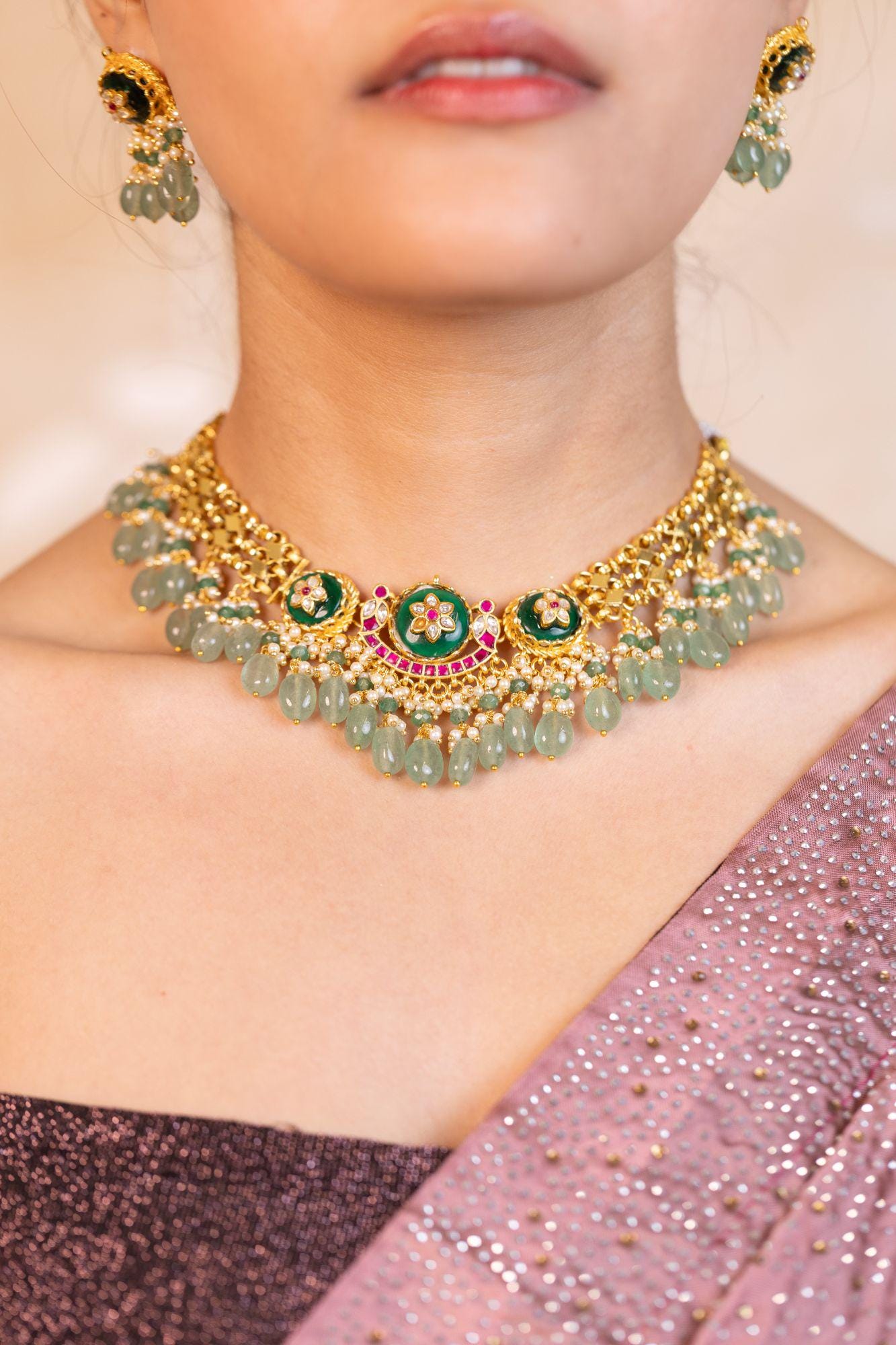 Handcrafted Temple Choker Set | Gold Plated Meenakari Lotus Medallion Necklace Earrings