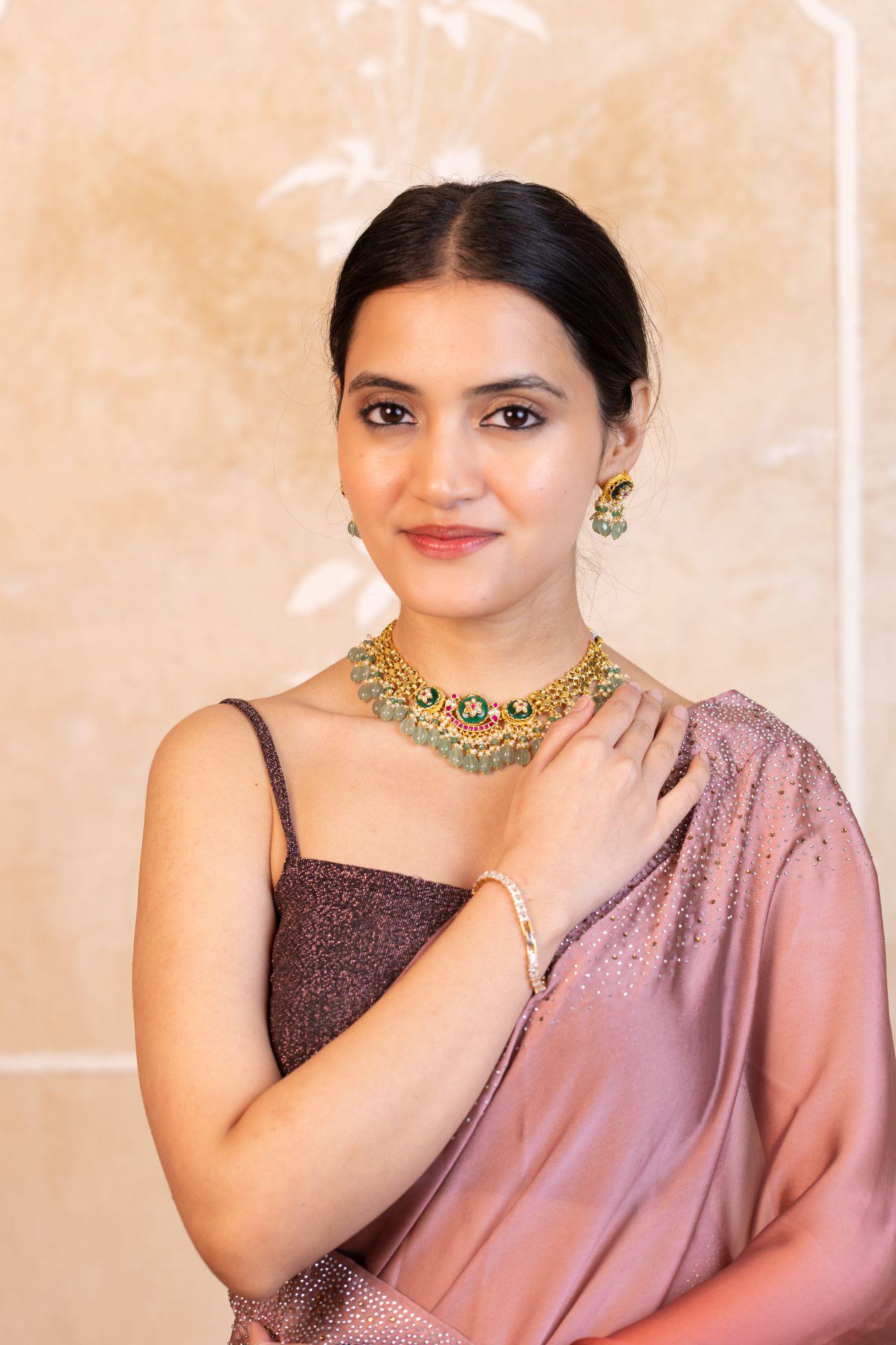 Handcrafted Temple Choker Set | Gold Plated Meenakari Lotus Medallion Necklace Earrings