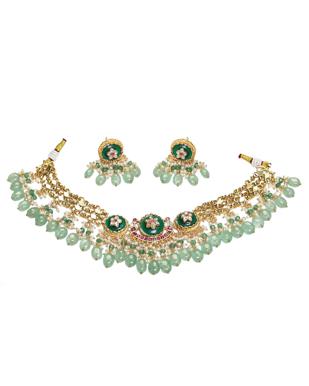 Handcrafted Temple Choker Set | Gold Plated Meenakari Lotus Medallion Necklace Earrings