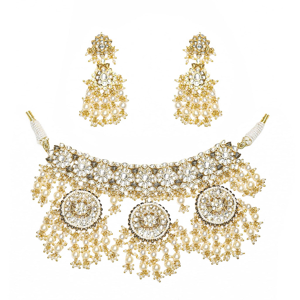 Handcrafted Floral Polki Kundan Choker Set with Pearl Chandelier Earrings