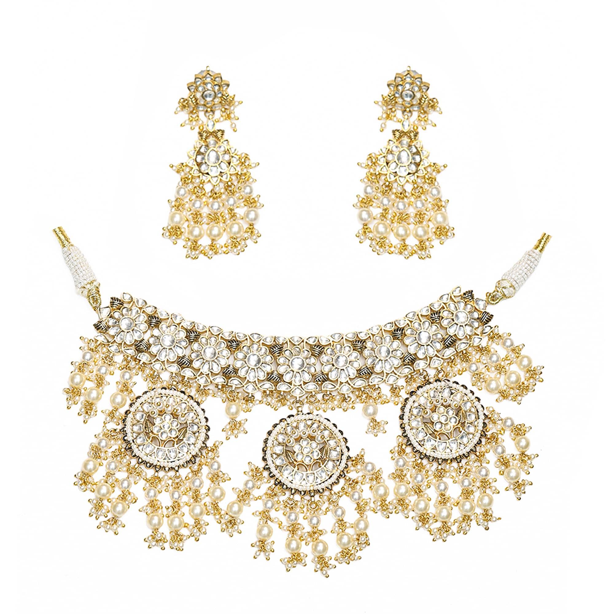 Handcrafted Floral Polki Kundan Choker Set with Pearl Chandelier Earrings
