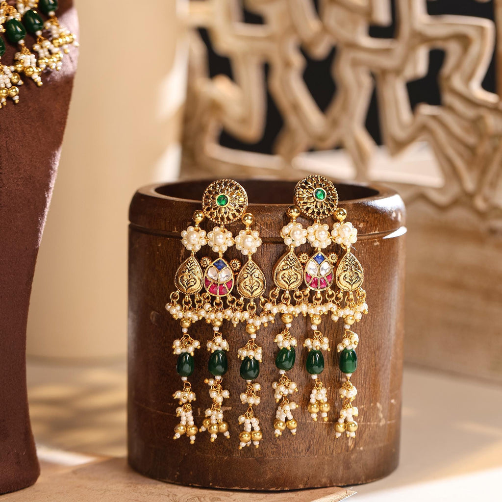 Royal Navratna Choker Necklace Set | Antique Gold Plated Guttapusalu Pearl Earrings