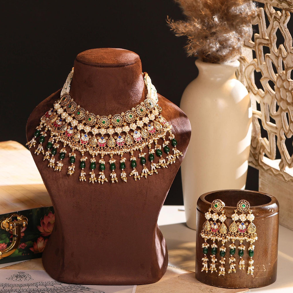 Royal Navratna Choker Necklace Set | Antique Gold Plated Guttapusalu Pearl Earrings