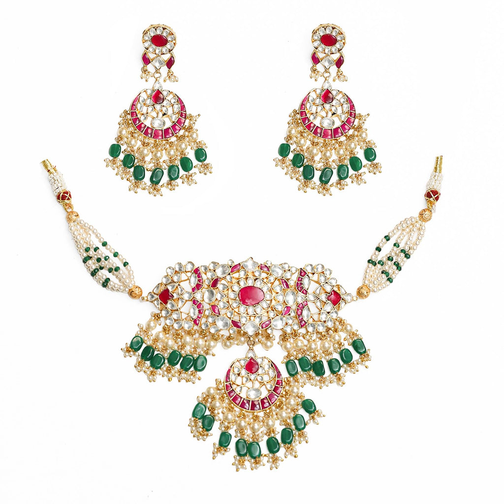 Kundan Meenakari Choker Set: Gold Plated Ruby Emerald Pearl Necklace Earrings